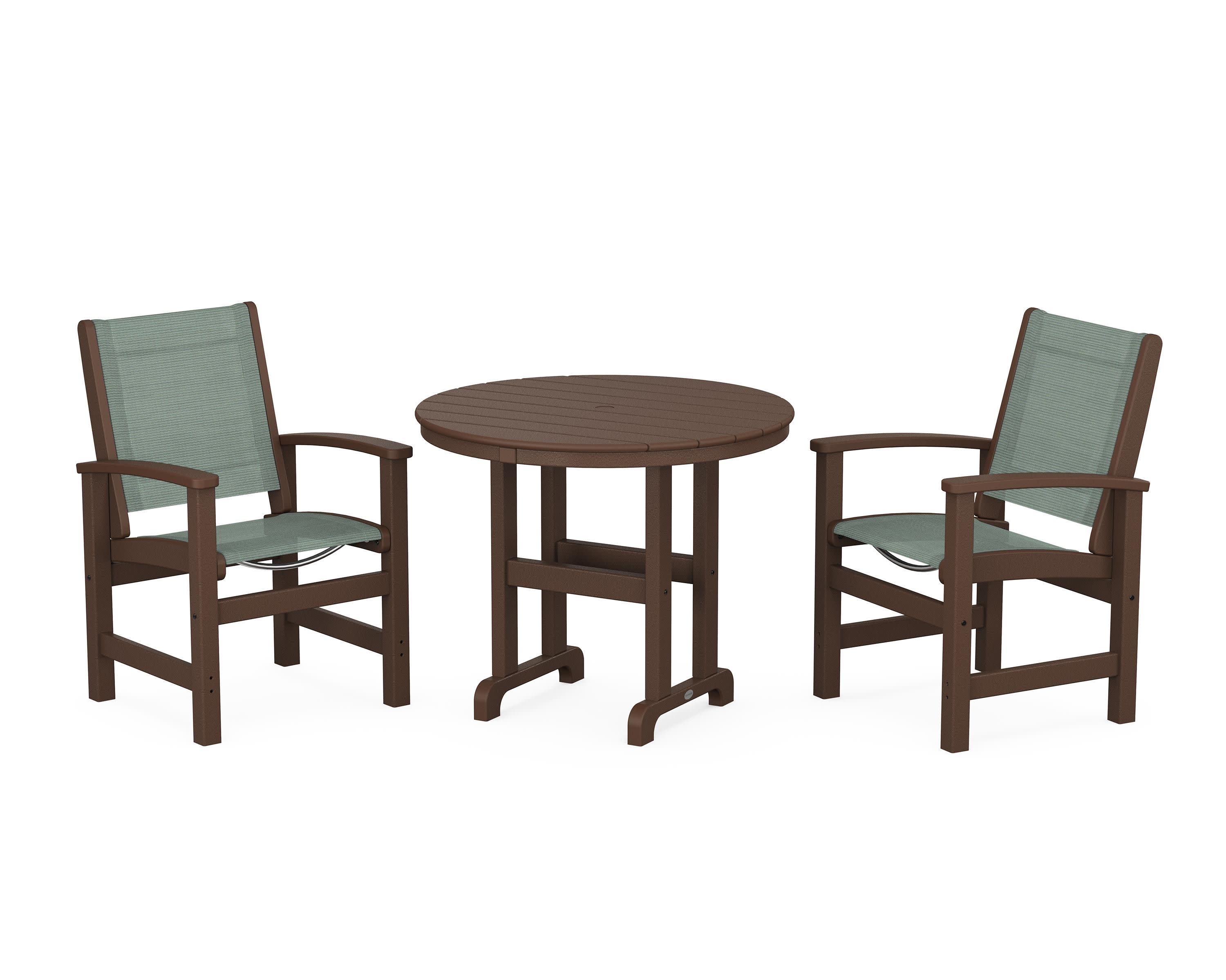 Coastal 3-Piece Round Dining Set in Mahogany / Dupioni Sea Mist Sling