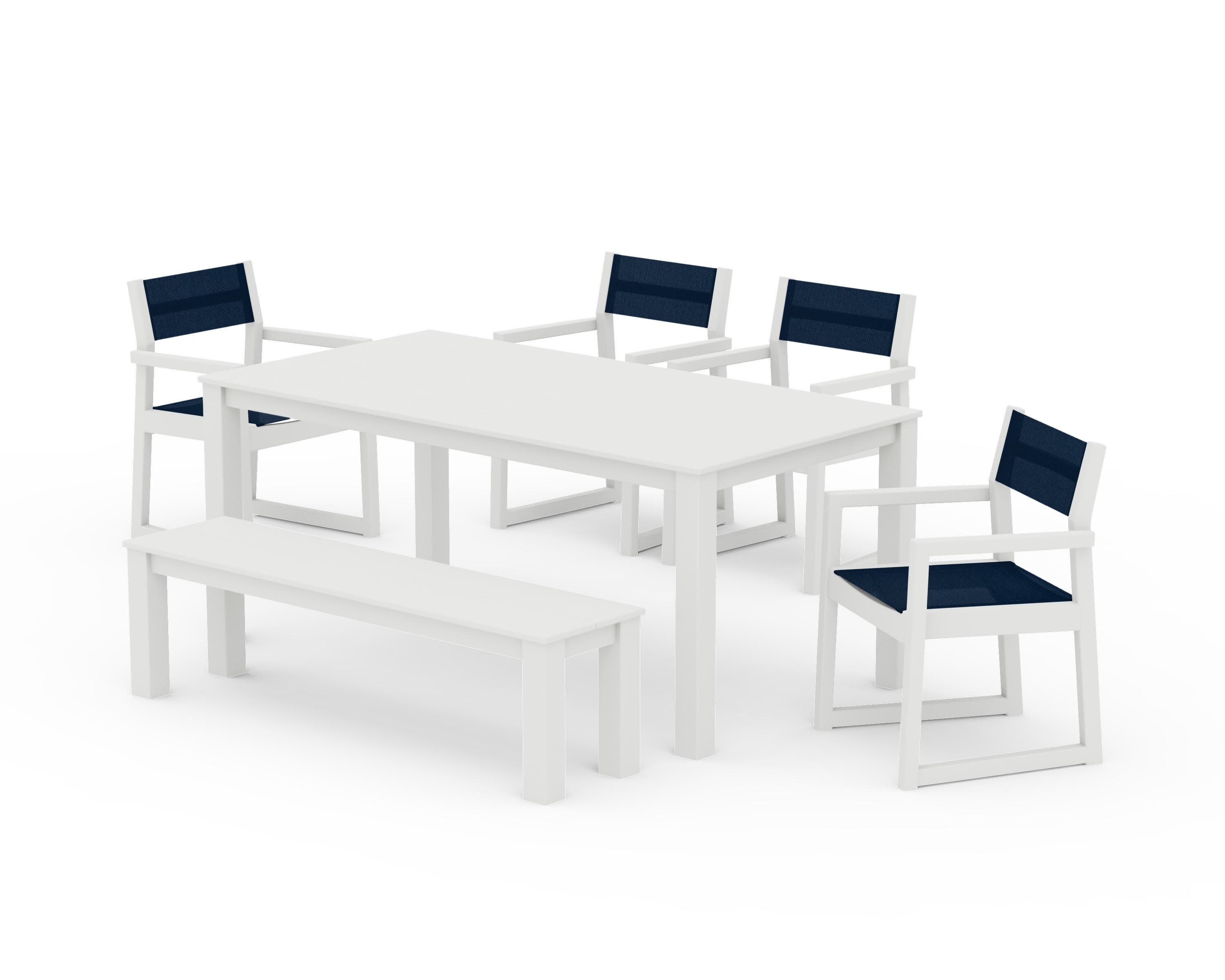 EDGE Sling Arm Chair 6-Piece Parsons Dining Set with Bench in Vintage White / Navy Blue Sling