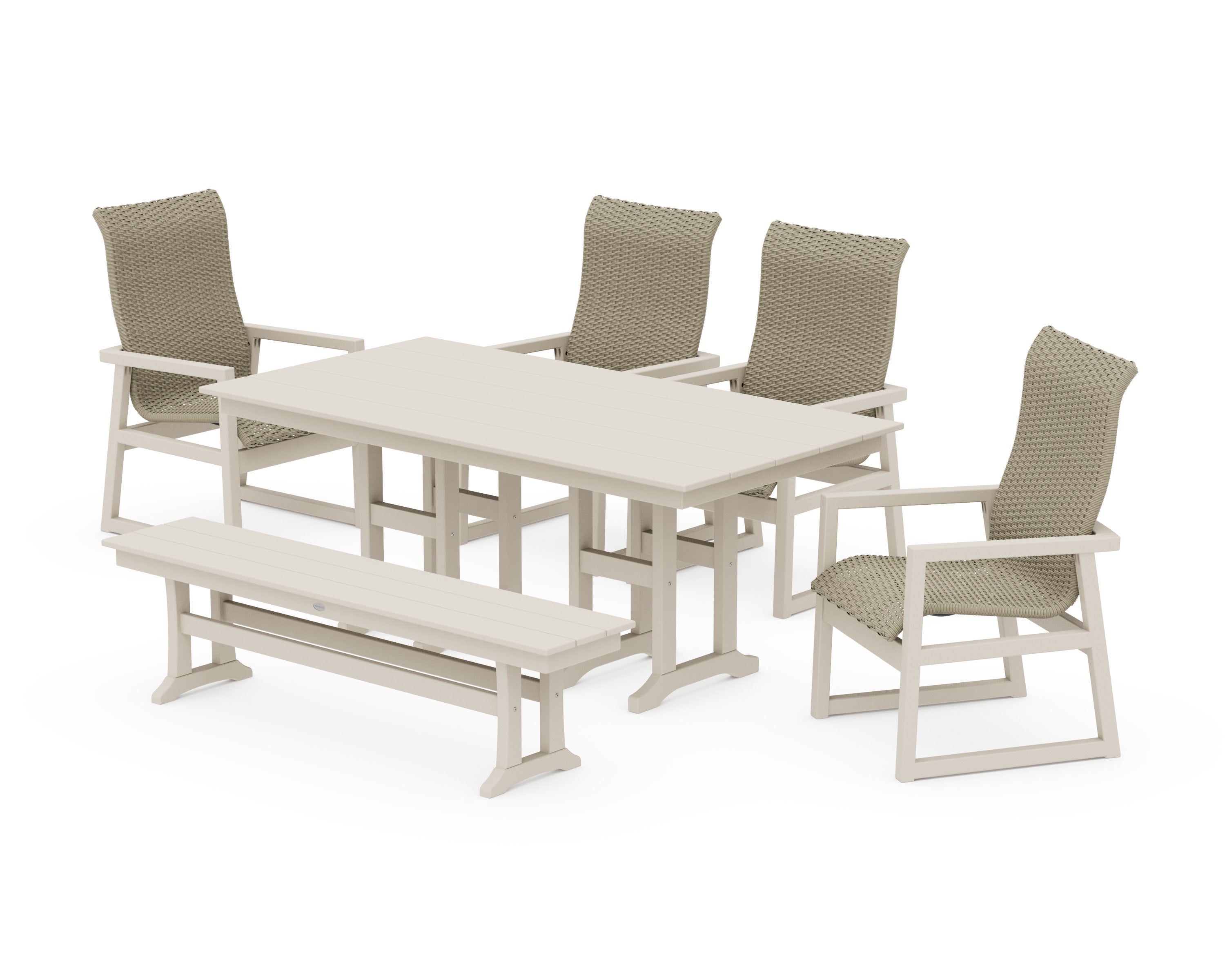 EDGE Woven Highback 6-Piece Farmhouse Dining Set with Bench in Sand / Dune Grass