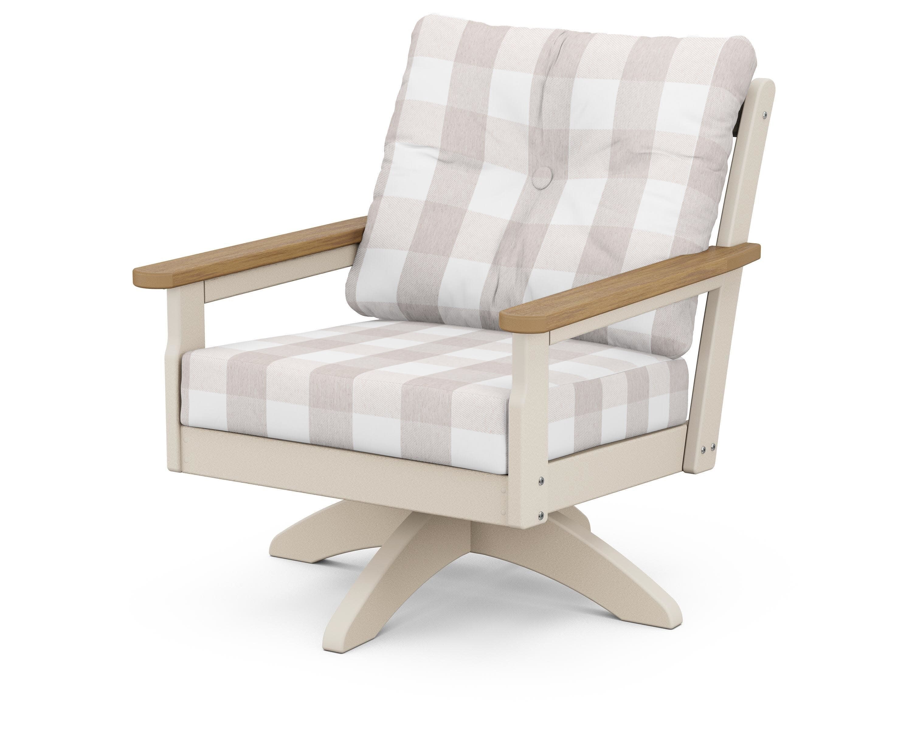 Vineyard Deep Seating Swivel Chair in Sand / Natural / Buffalo Plaid Dune Burlap