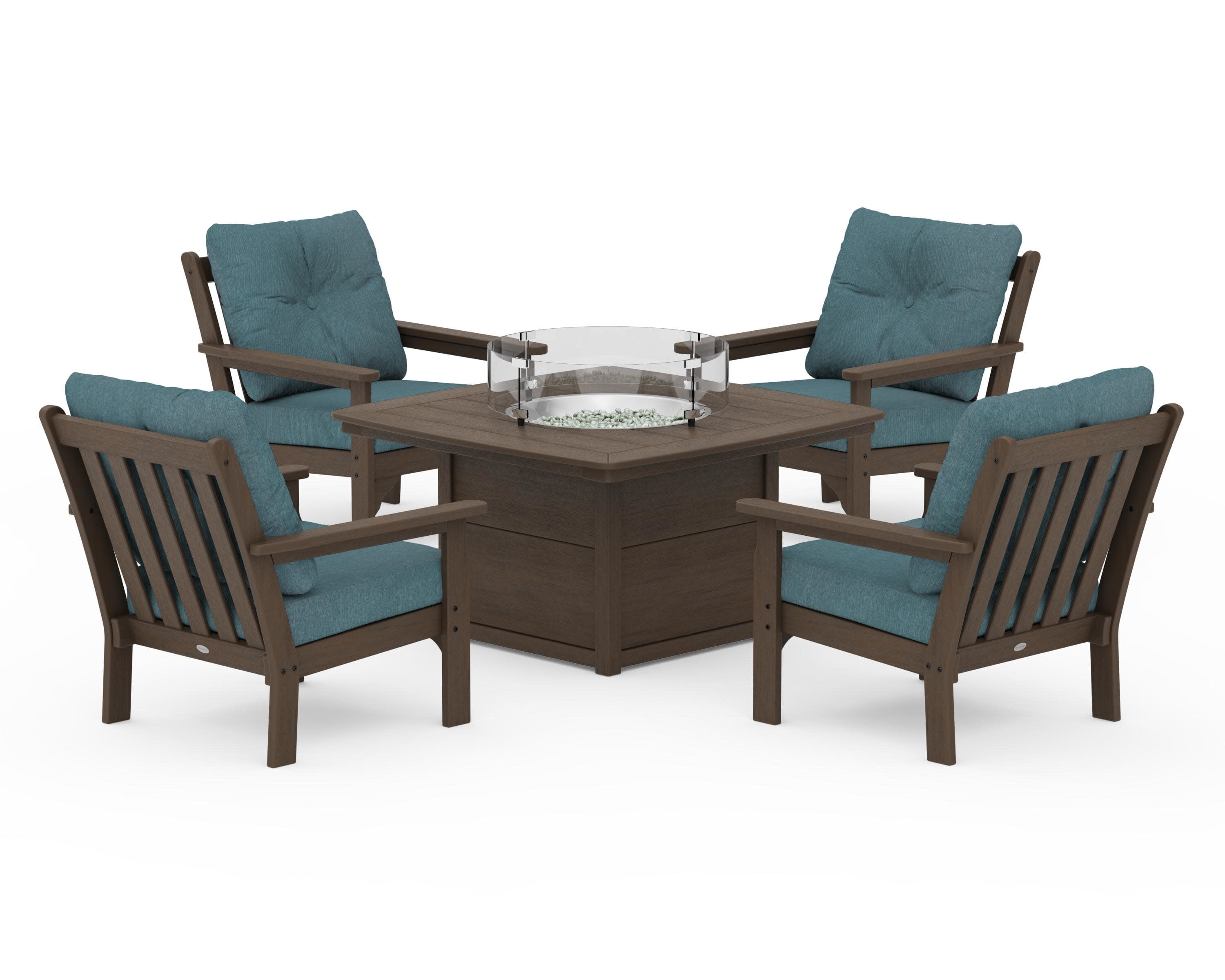 Vineyard 5-Piece Conversation Set with Fire Pit Table in Kona / Ocean Teal