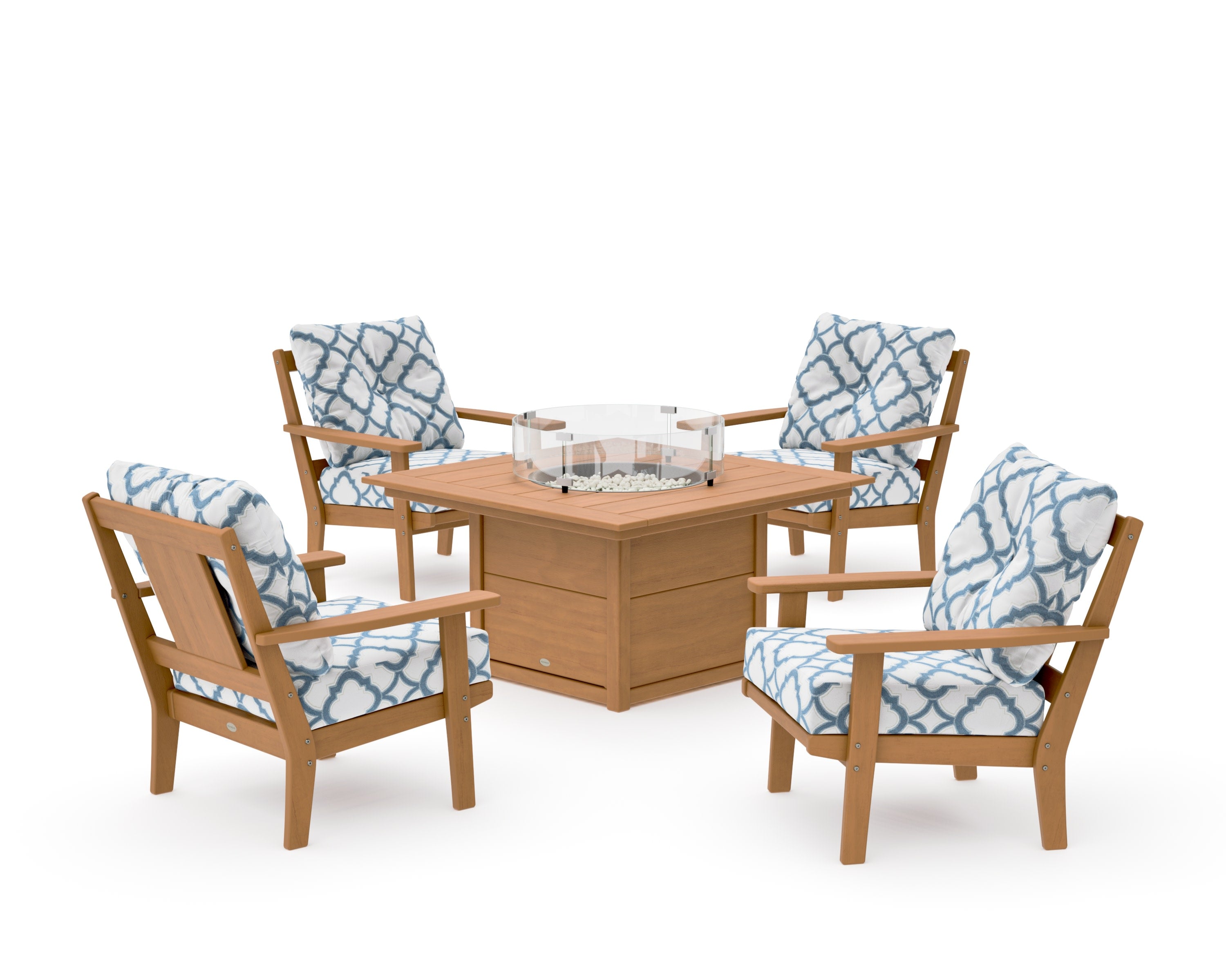 Prairie 5-Piece Deep Seating Set with Fire Pit Table in Natural / Trellis Sky Blue