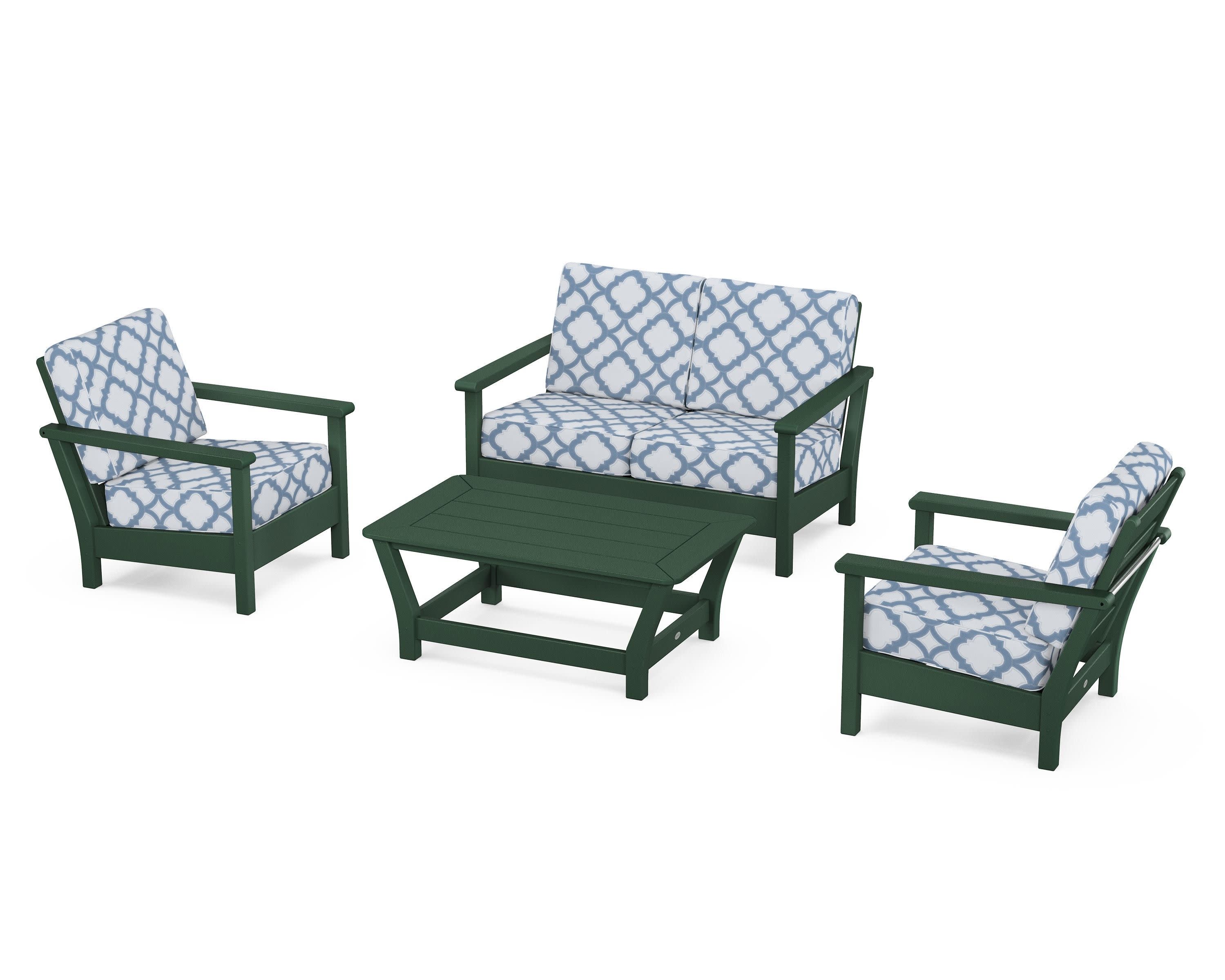 Harbour 4-Piece Deep Seating Set in Green / Trellis Sky Blue