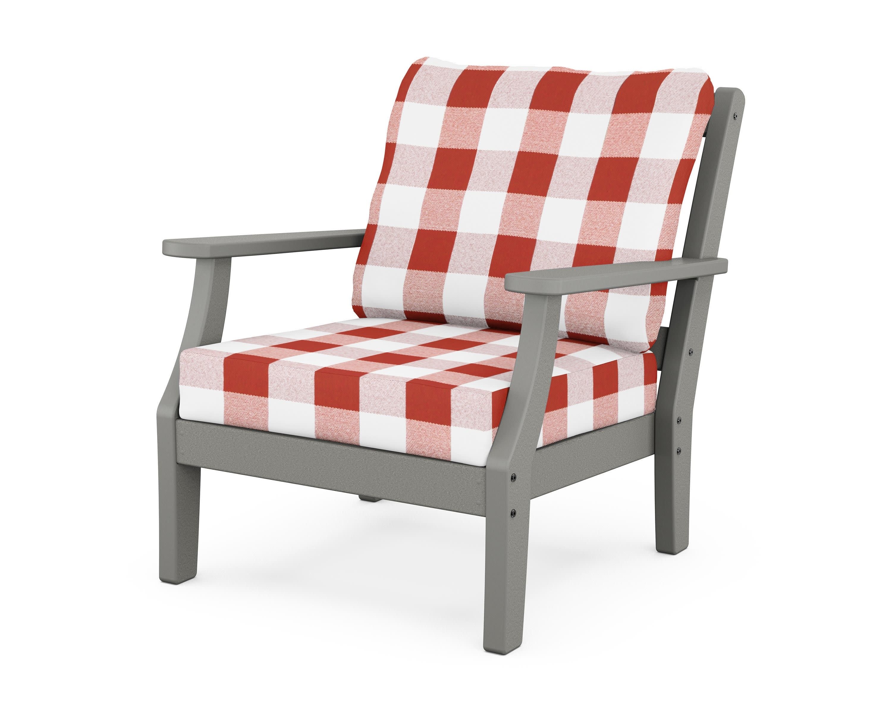 Chinoiserie Deep Seating Chair in Slate Grey / Buffalo Plaid Crimson