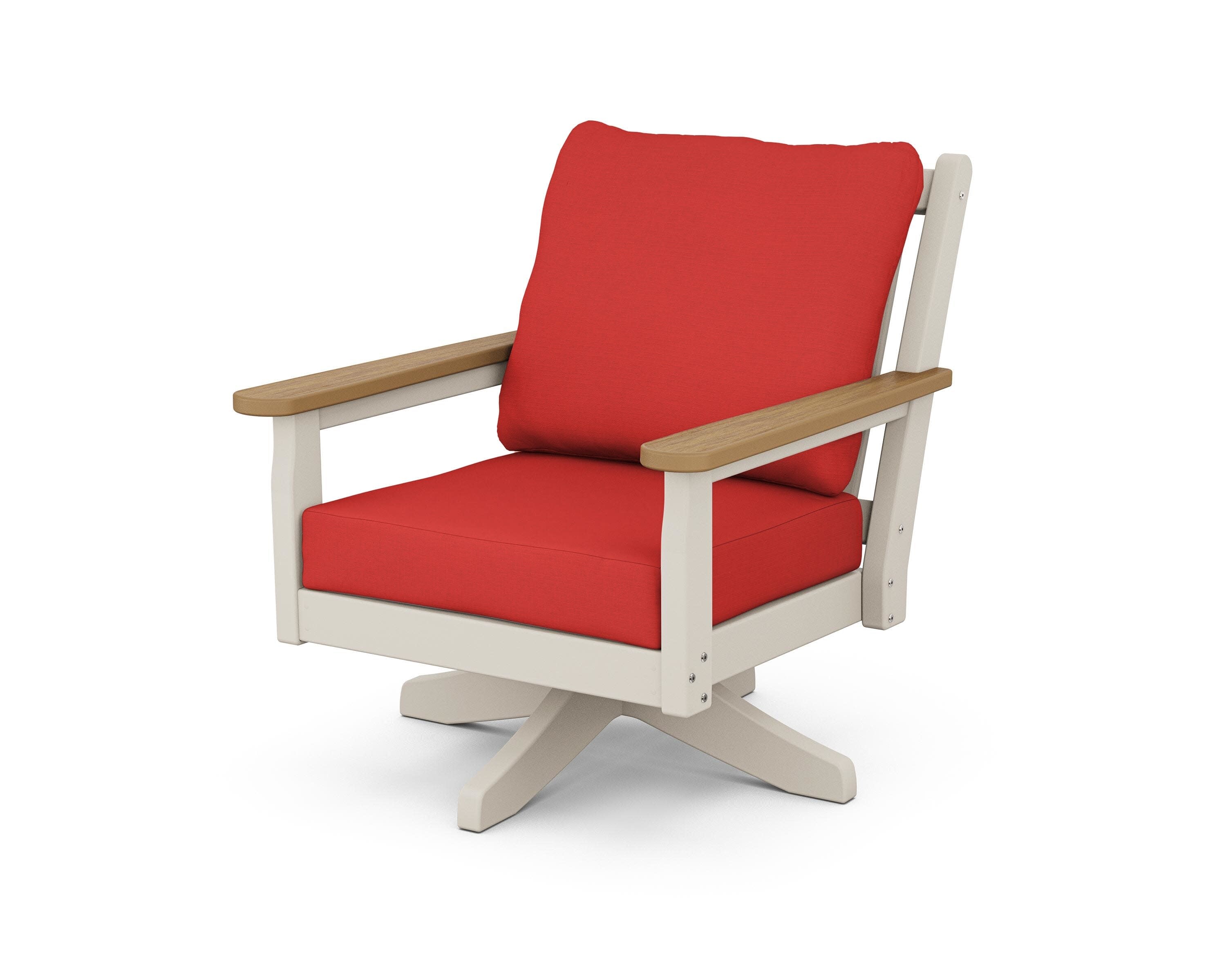 Chippendale Deep Seating Swivel Chair in Sand / Natural / Crimson Linen