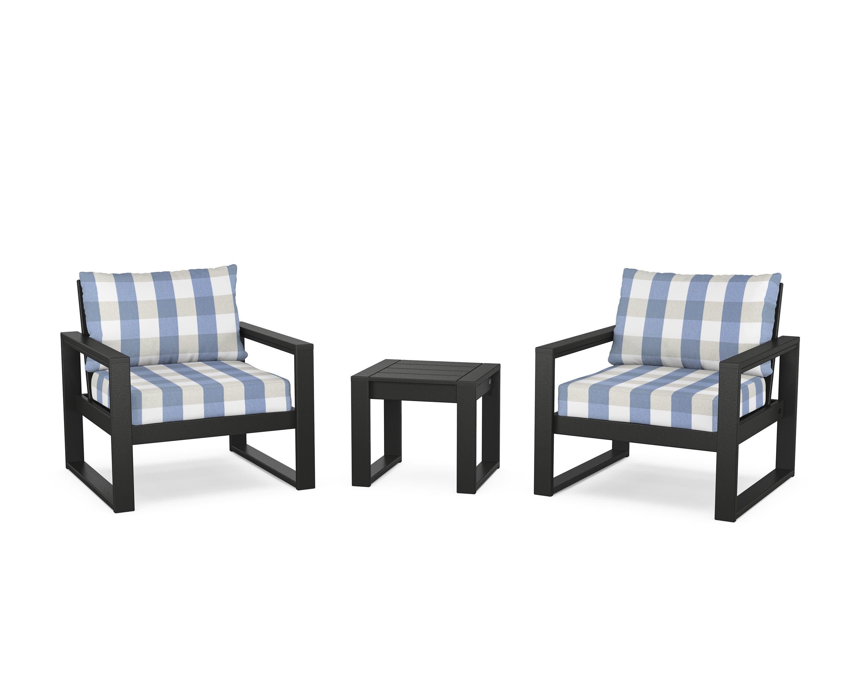 EDGE Sectional 3-Piece Deep Seating Set in Black / Buffalo Plaid Sky Blue