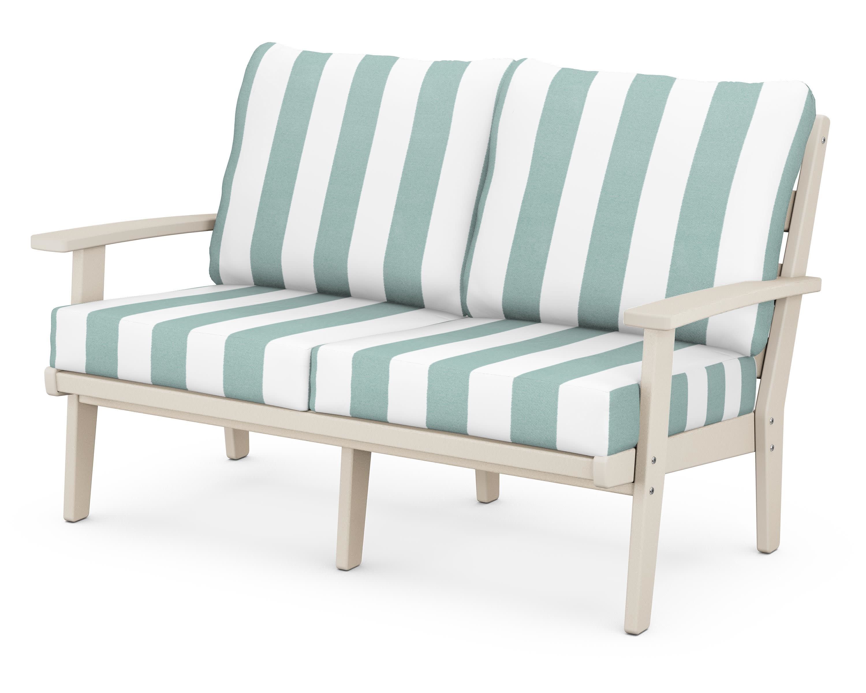 Grant Park Deep Seating Loveseat in Sand / Cabana Stripe Glacier Spa