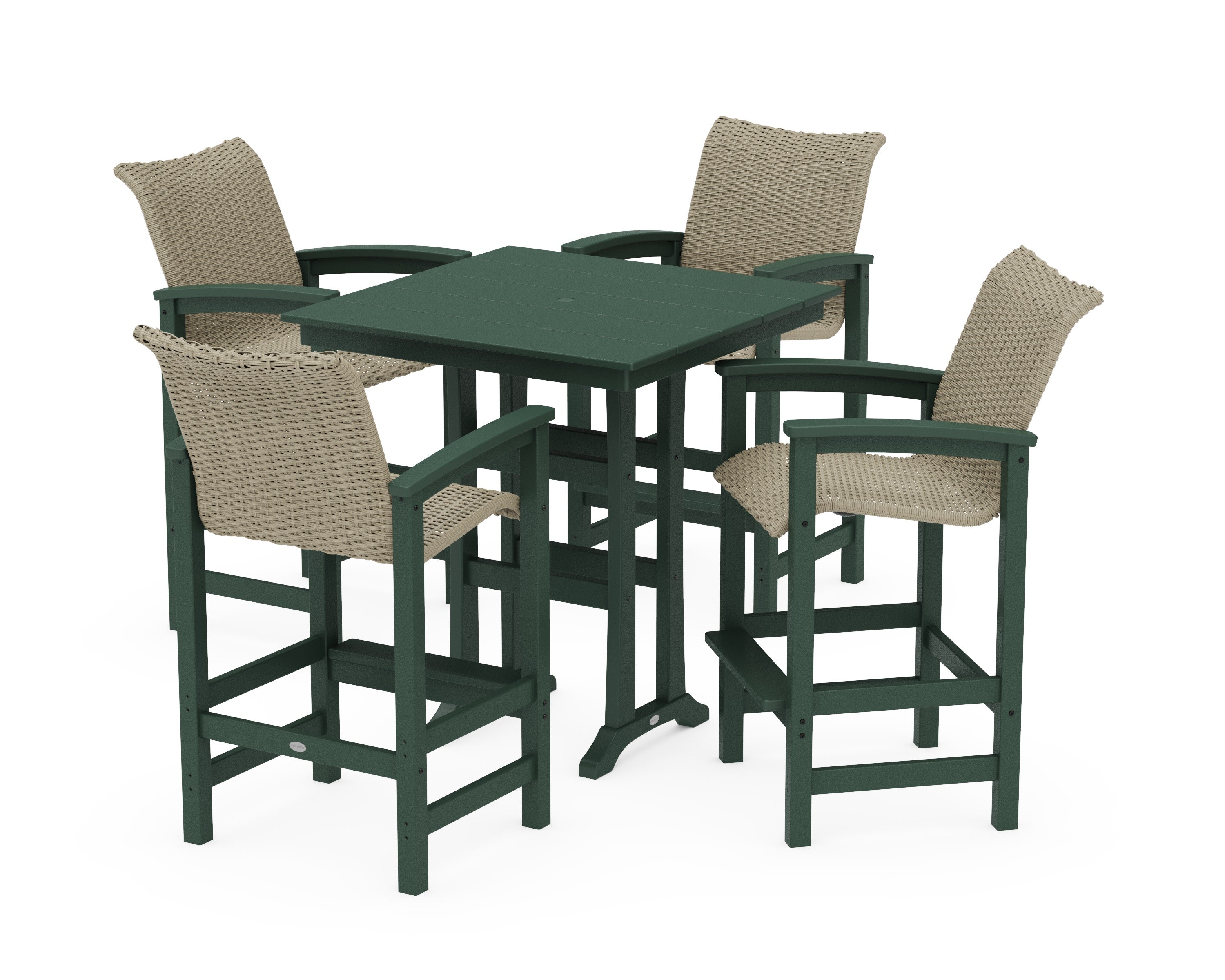 Coastal Woven 5-Piece Farmhouse Bar Set with Trestle Legs in Green / Dune Grass