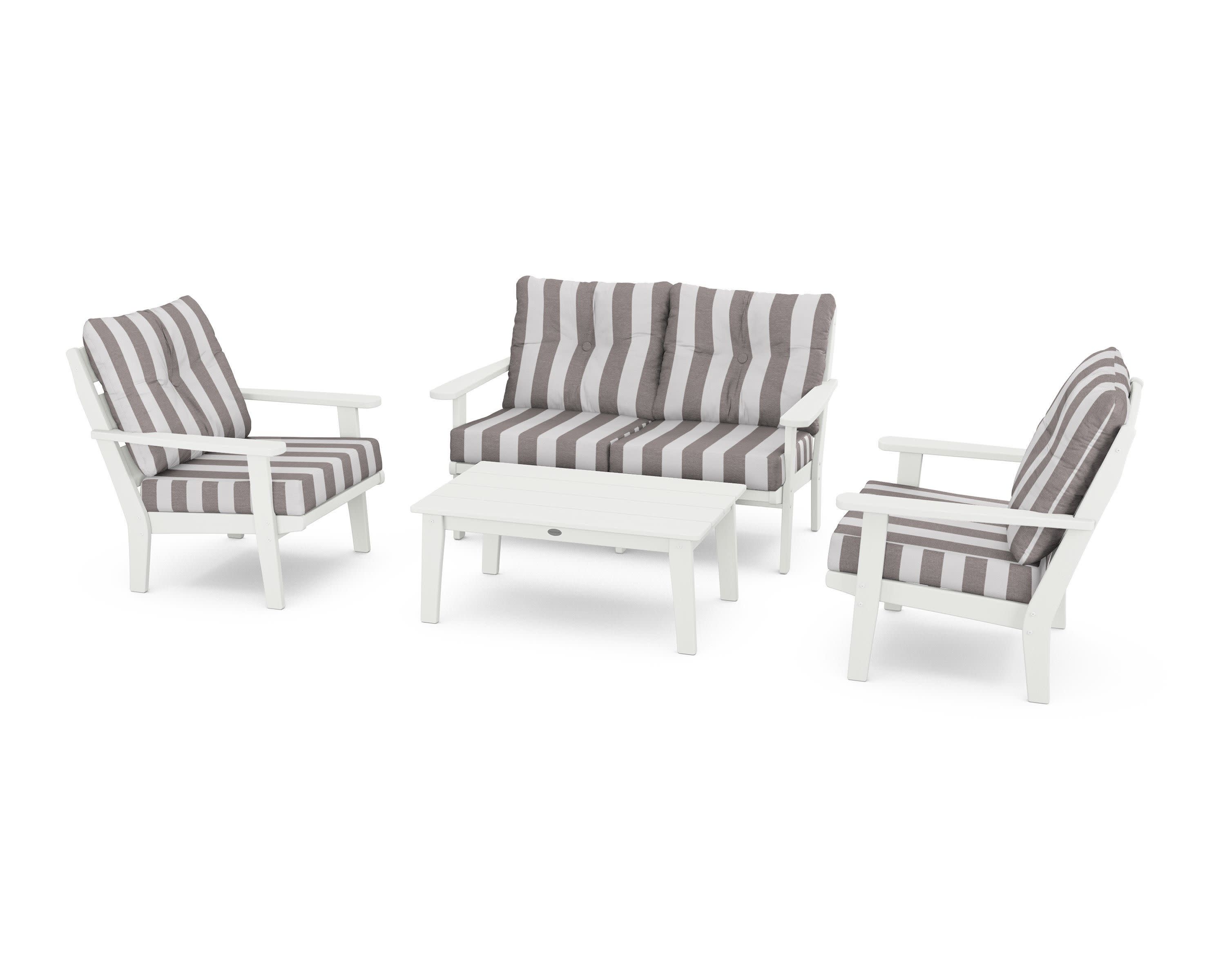 Lakeside 4-Piece Deep Seating Set in Vintage White / Cabana Stripe Grey Mist