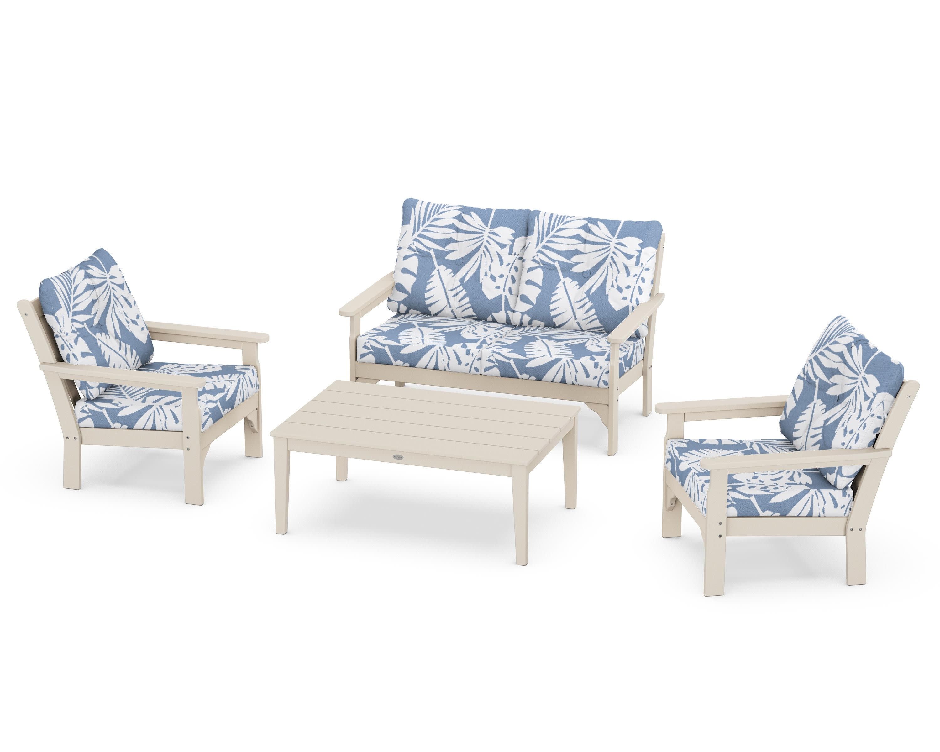 Vineyard 4-Piece Deep Seating Set in Sand / Leaf Sky Blue