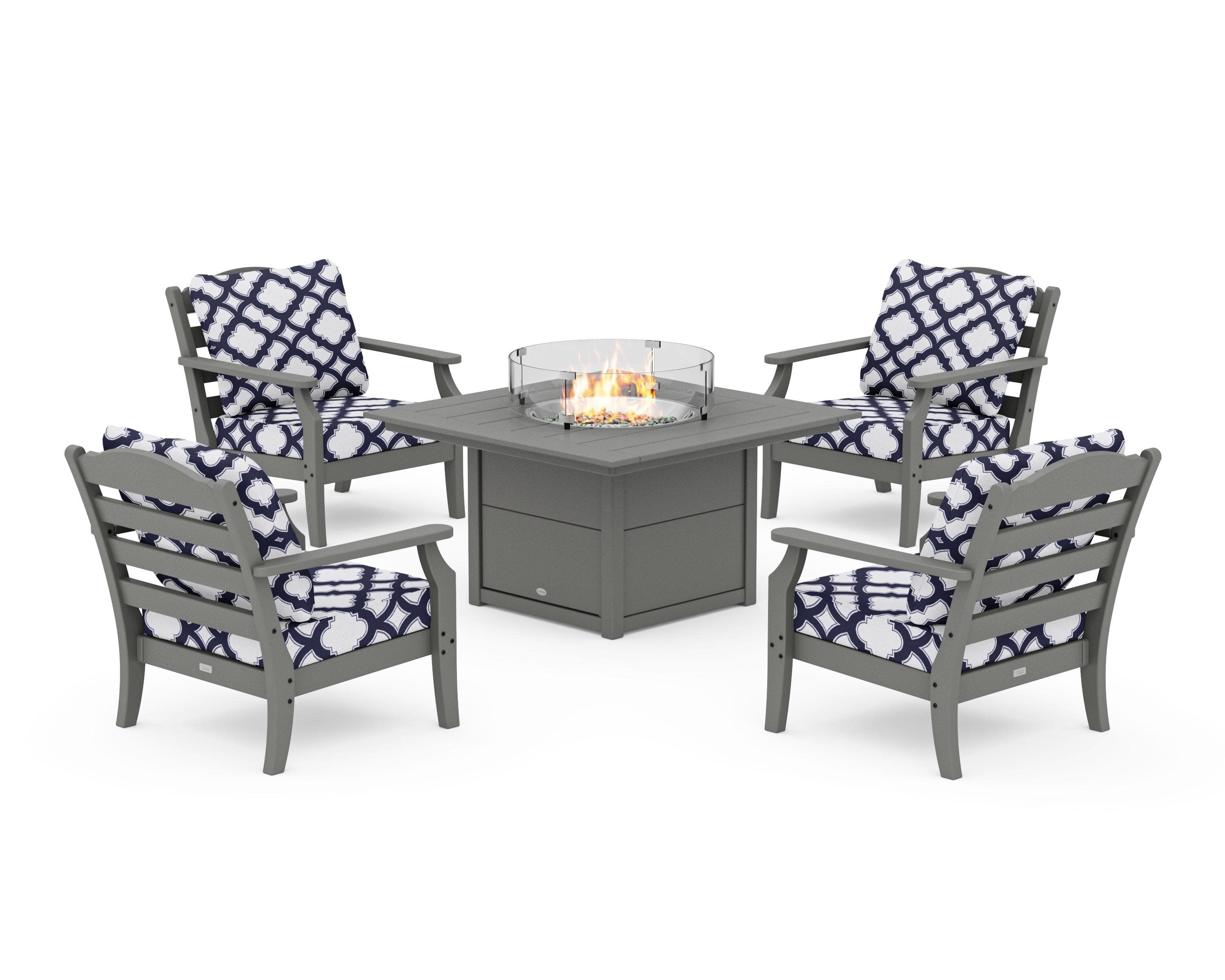 Savannah 5-Piece Deep Seating Set with Fire Pit Table in Slate Grey / Trellis Navy