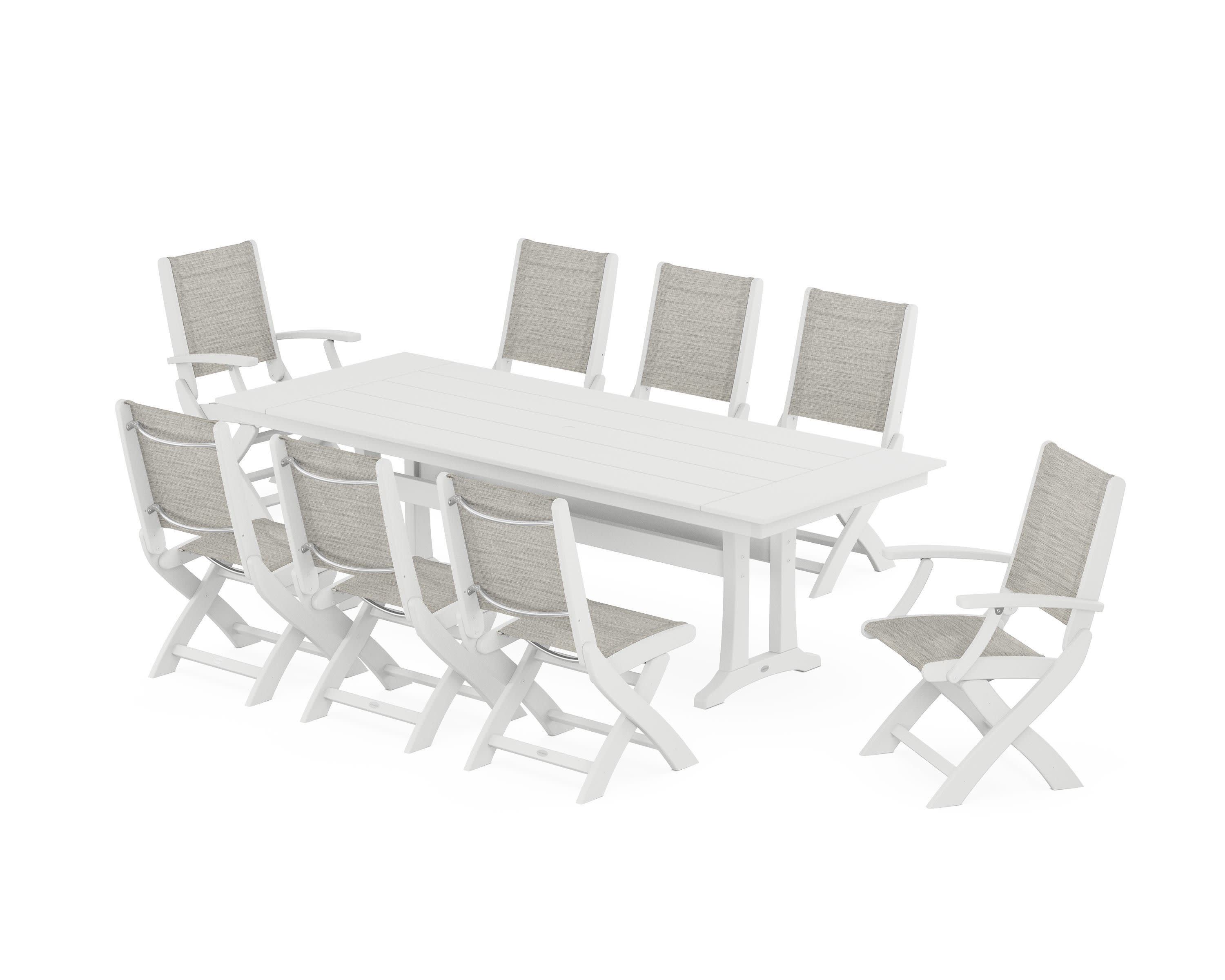 Coastal 9-Piece Folding Dining Chair Farmhouse Dining Set with Trestle Legs in White / Birch Sling