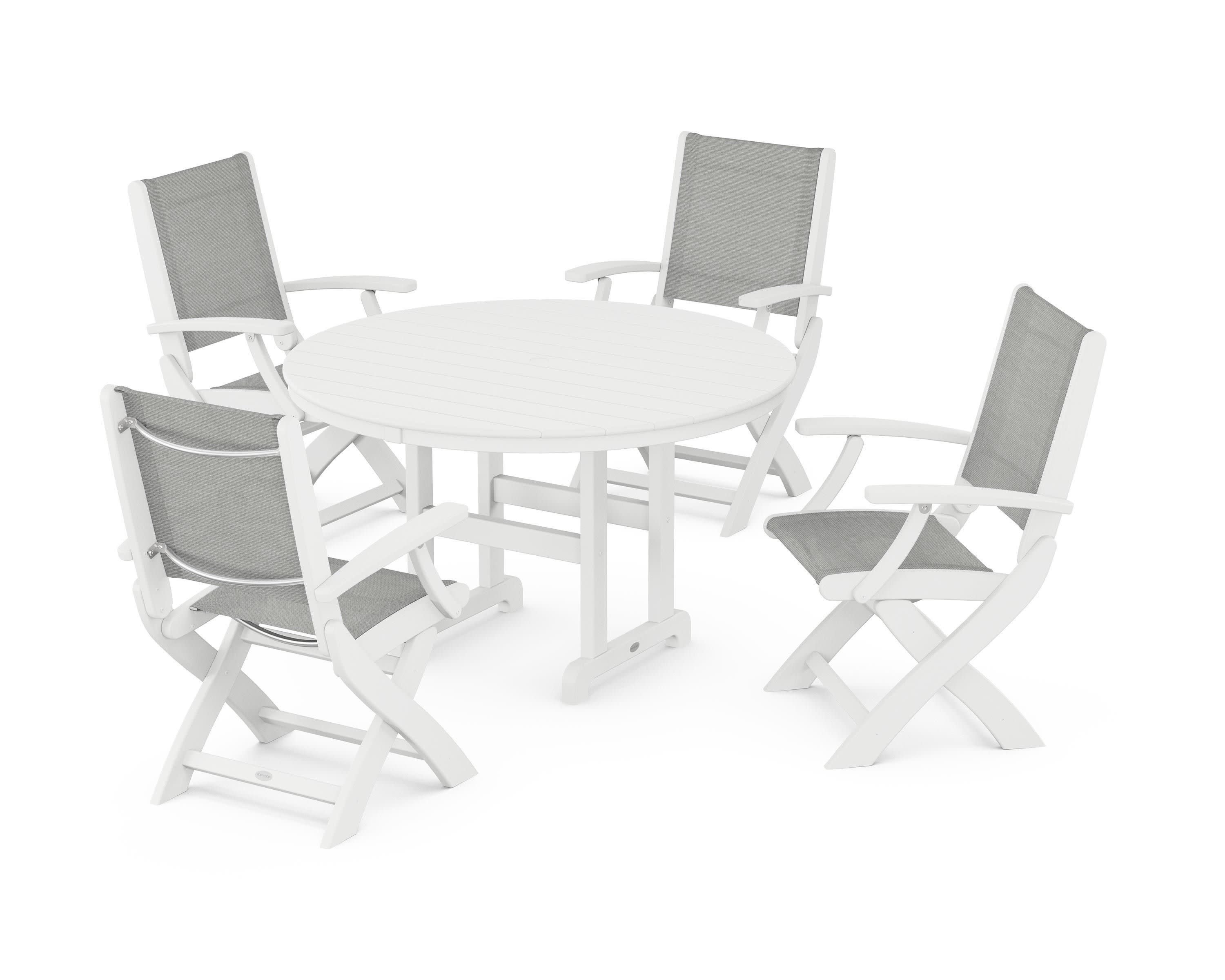 Coastal Folding Chair 5-Piece Round Dining Set in White / Metallic Sling