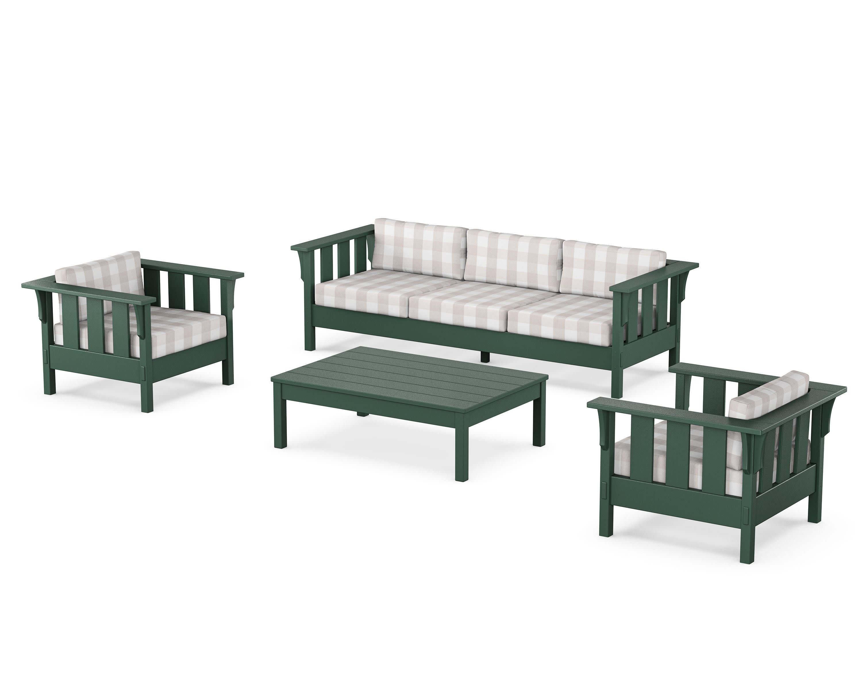 Acadia 4-Piece Deep Seating Set with Sofa in Green / Buffalo Plaid Dune Burlap