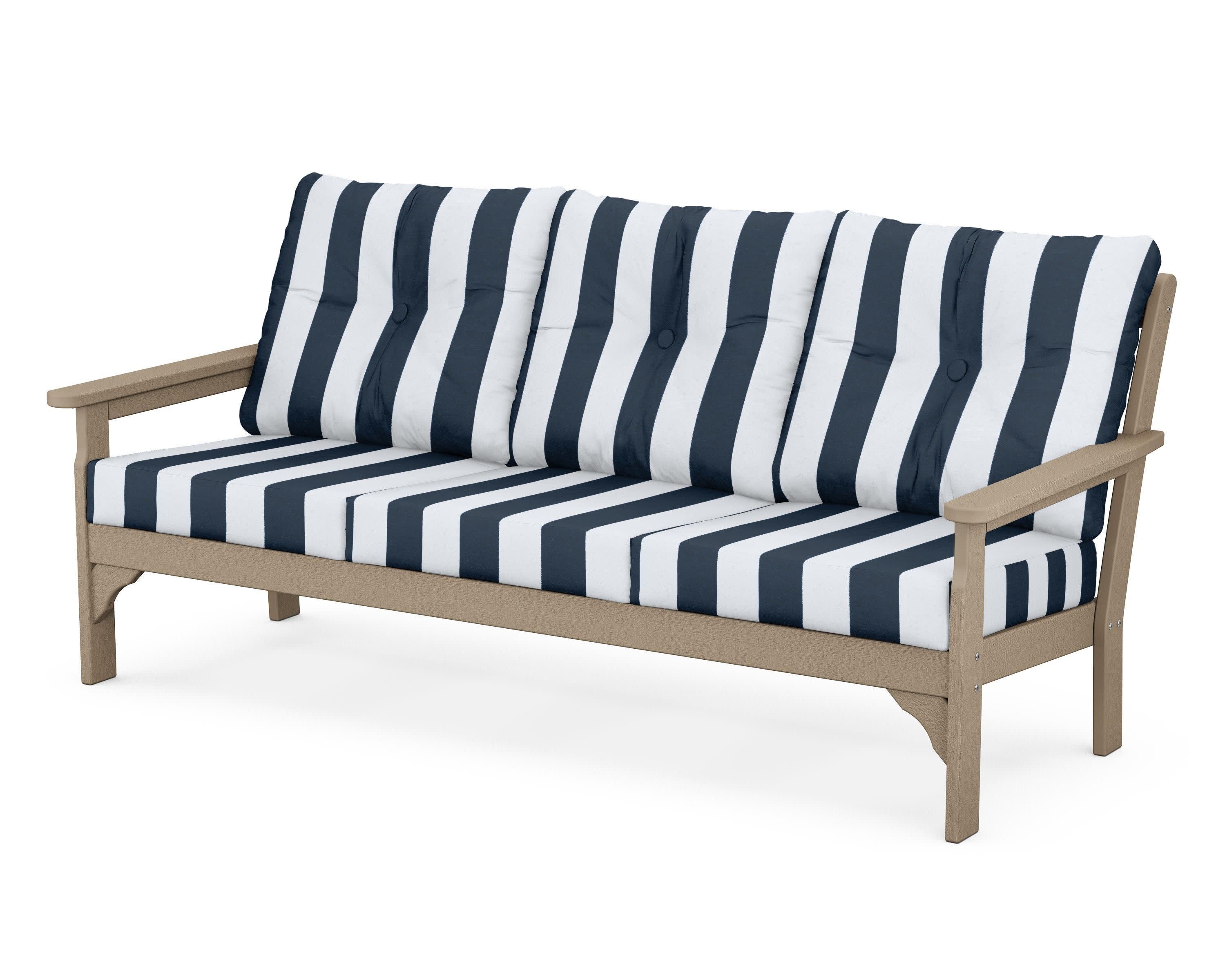 Vineyard Deep Seating Sofa in Vintage Sahara / Cabana Stripe Marine Indigo
