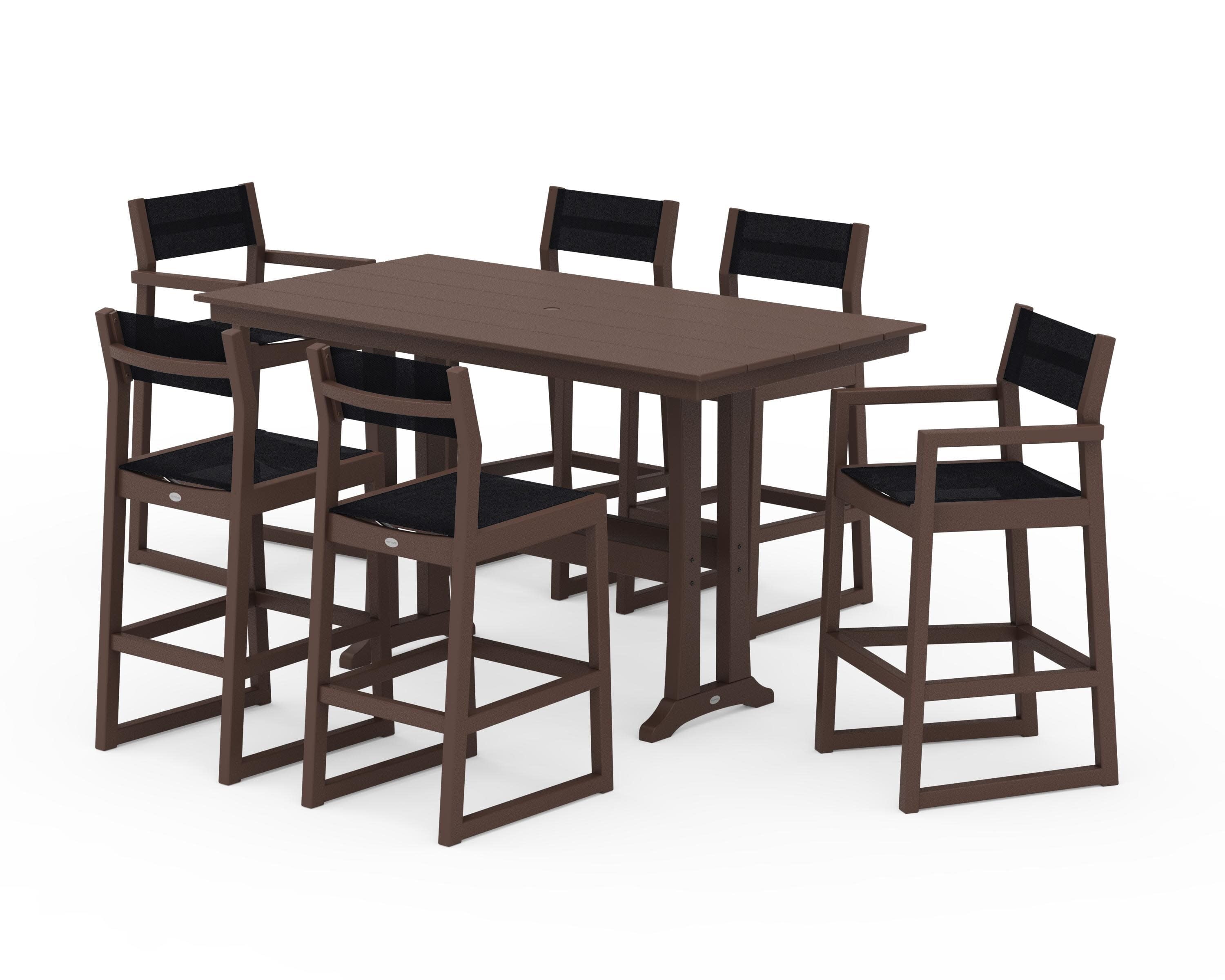 EDGE Sling 7-Piece Farmhouse Bar Set with Trestle Legs in Mahogany / Black Sling