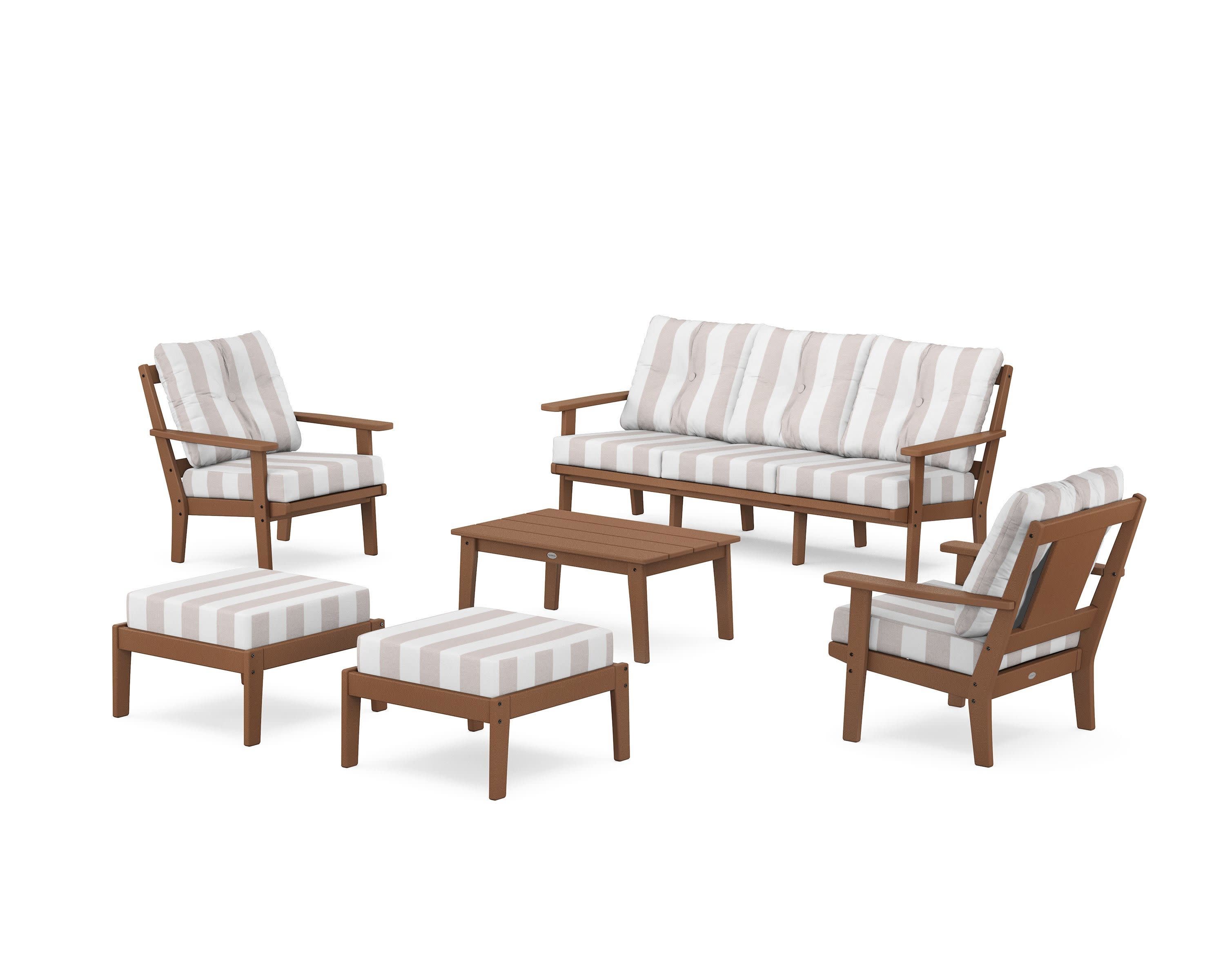 Prairie 6-Piece Lounge Sofa Set in Teak / Cabana Stripe Dune Burlap