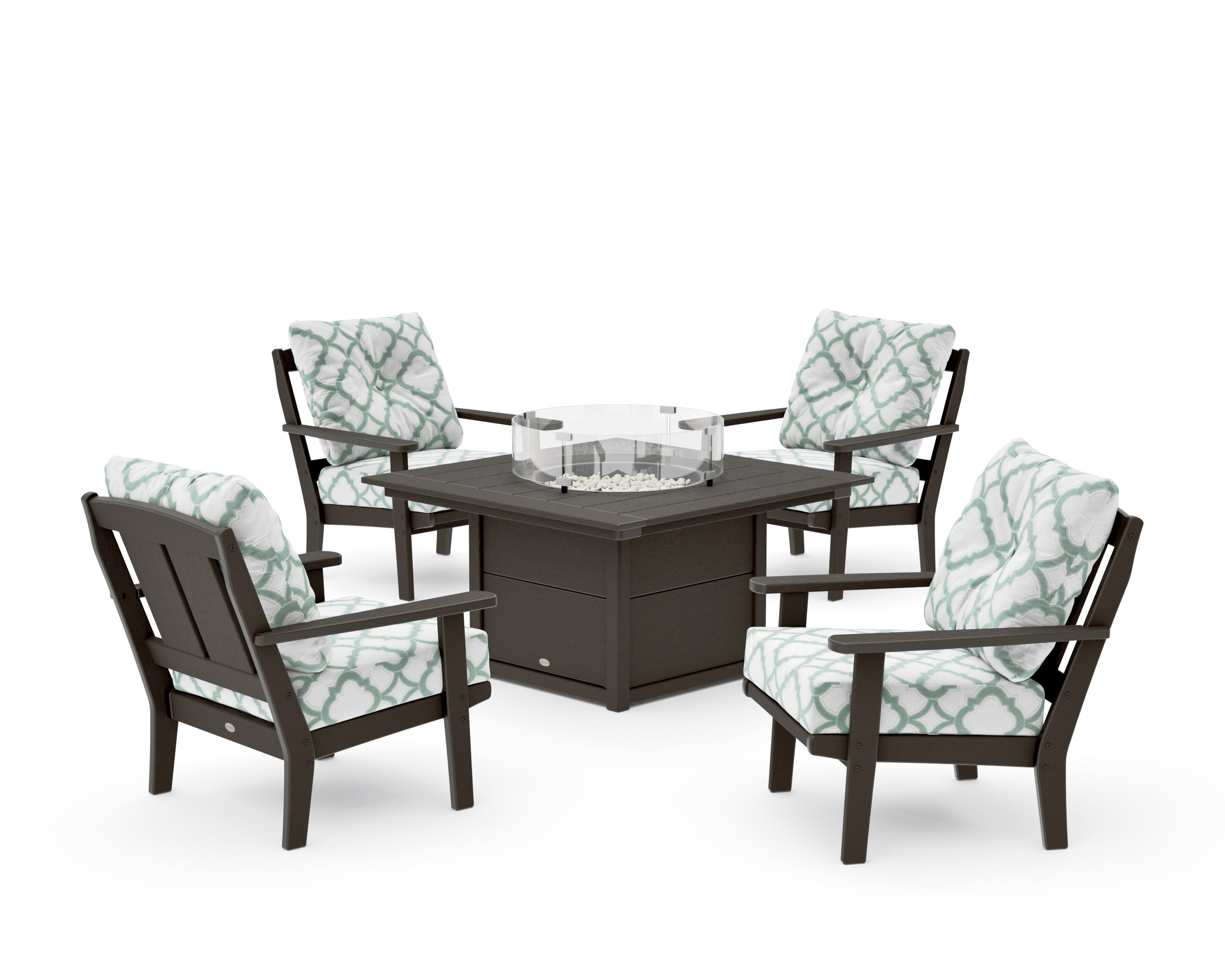 Mission 5-Piece Deep Seating Set with Fire Pit Table in Vintage Coffee / Trellis Glacier Spa