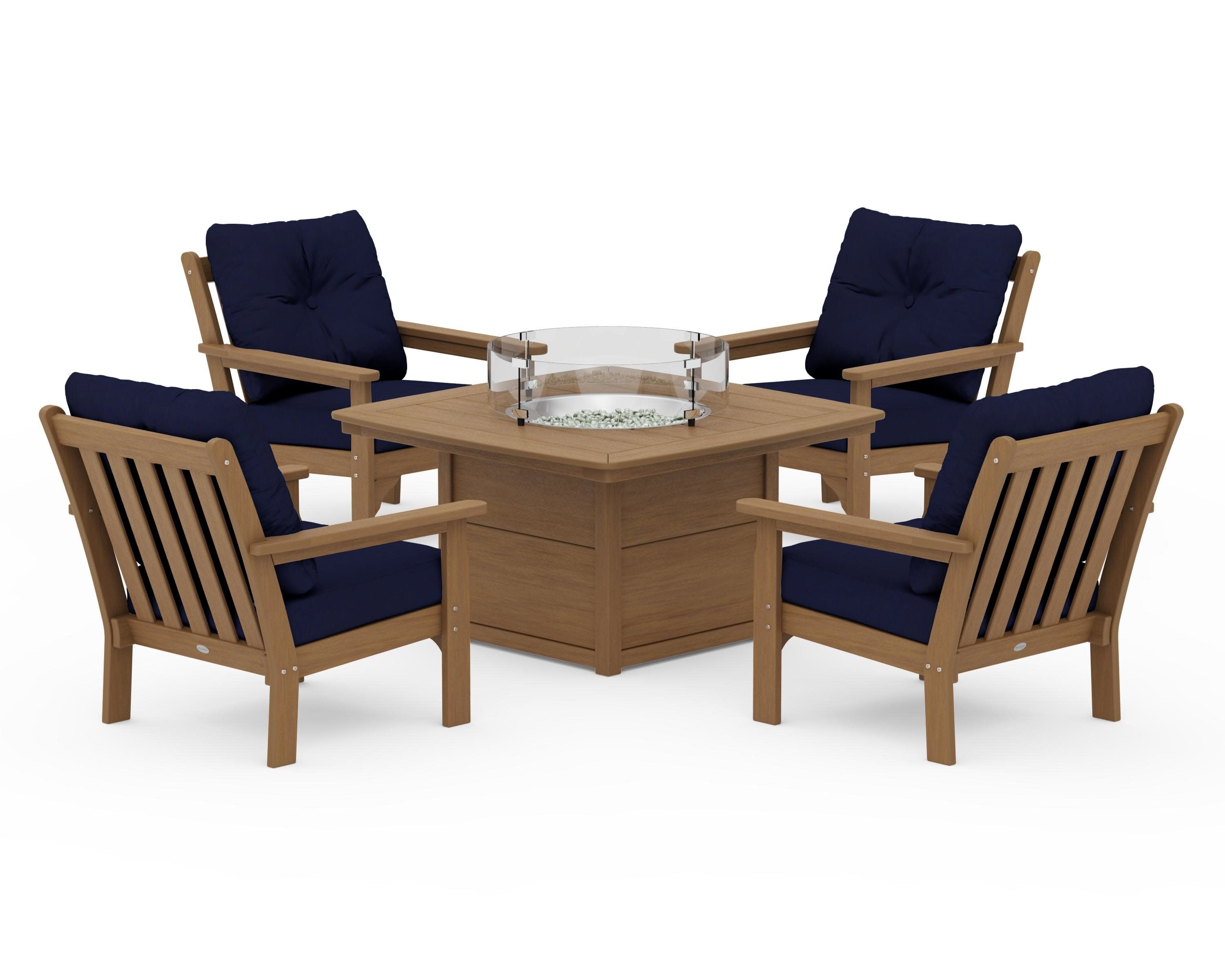 Vineyard 5-Piece Conversation Set with Fire Pit Table in Natural / Navy
