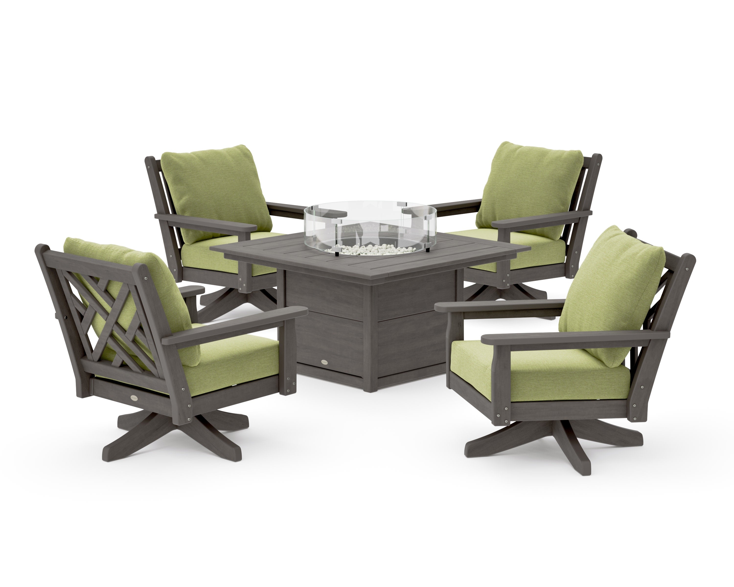 Chippendale 5-Piece Deep Seating Swivel Conversation Set with Fire Pit Table in Driftwood / Chartreuse Boucle