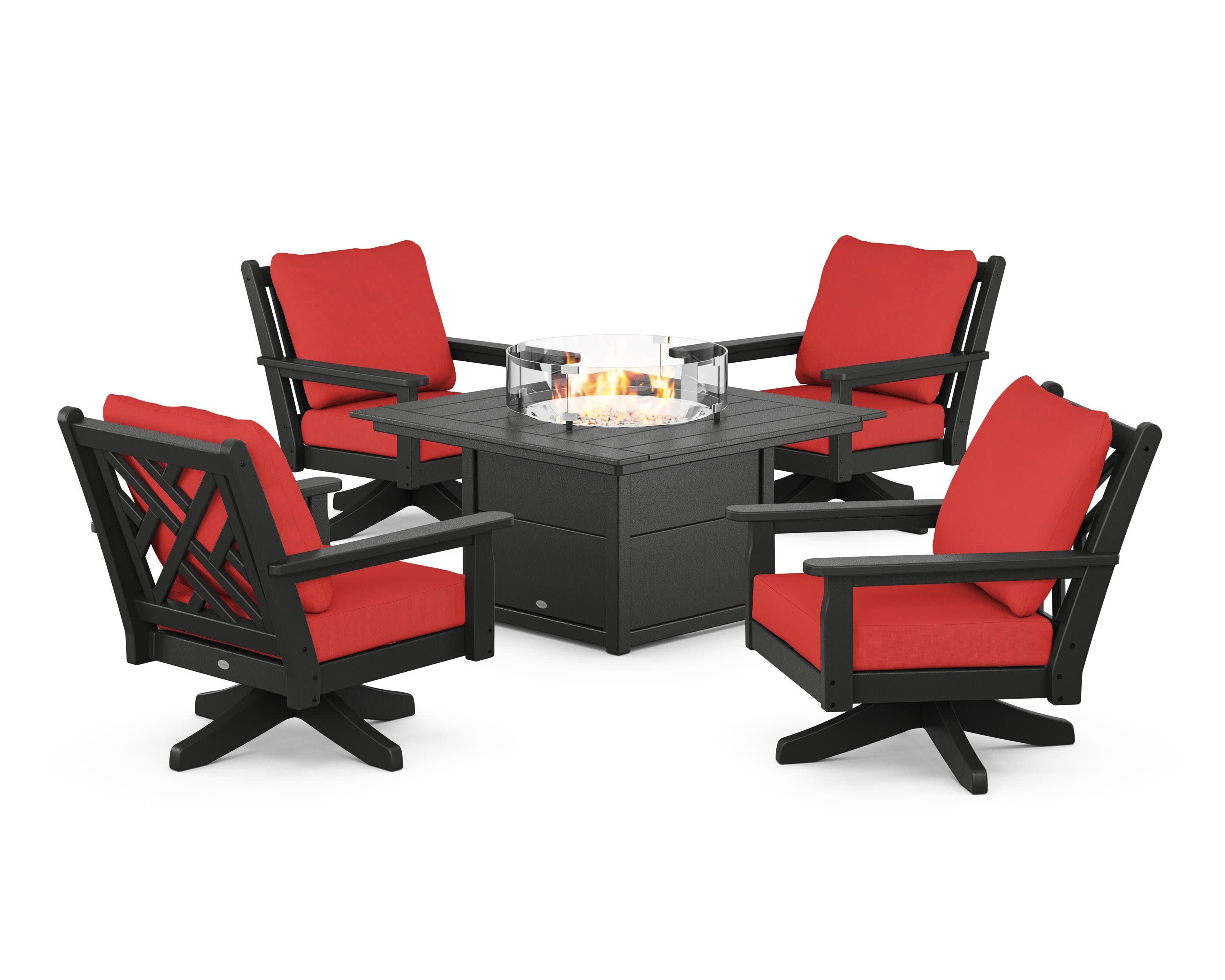Chippendale 5-Piece Deep Seating Swivel Conversation Set with Fire Pit Table in Black / Crimson Linen