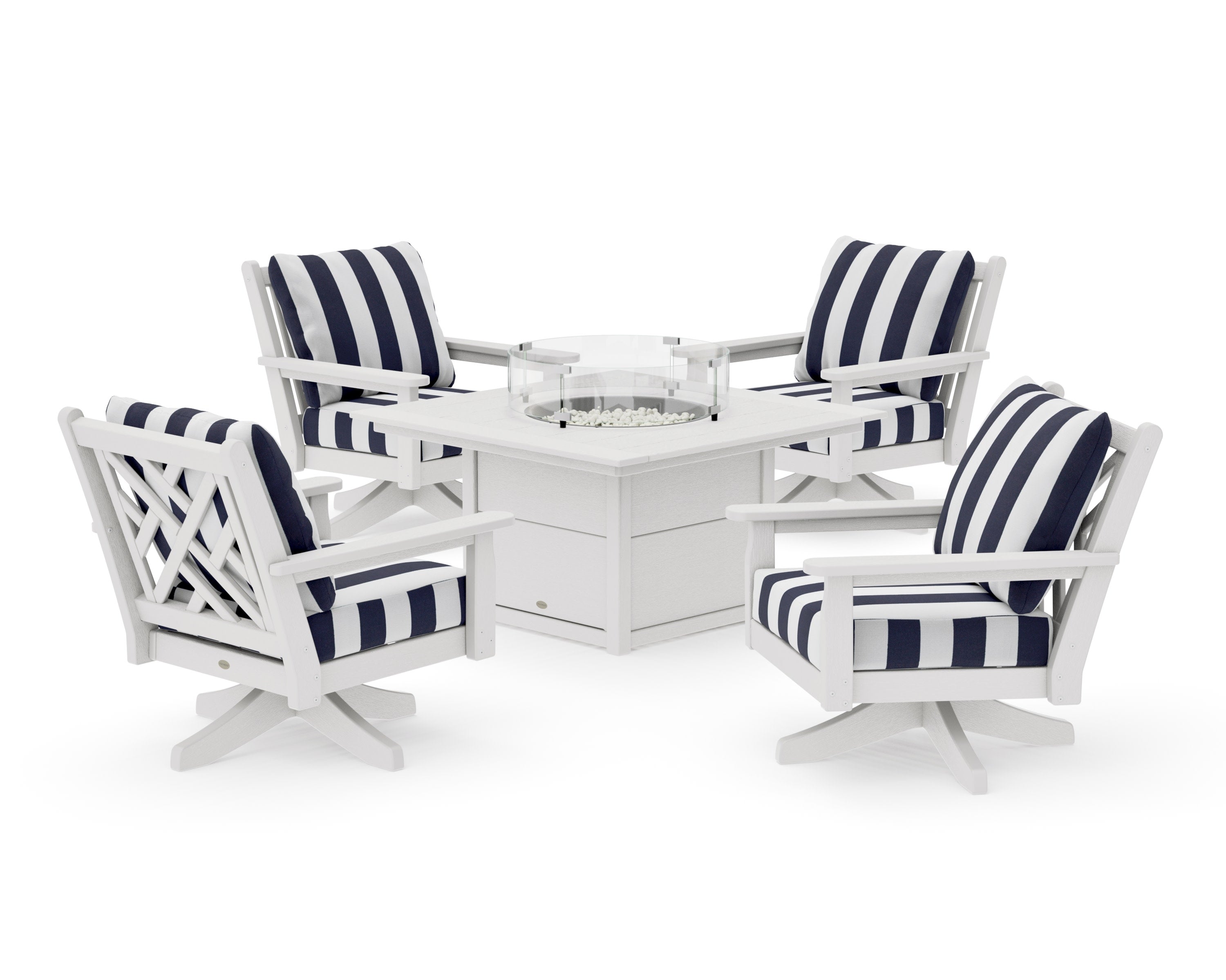 Chippendale 5-Piece Deep Seating Swivel Conversation Set with Fire Pit Table in Vintage White / Cabana Stripe Navy
