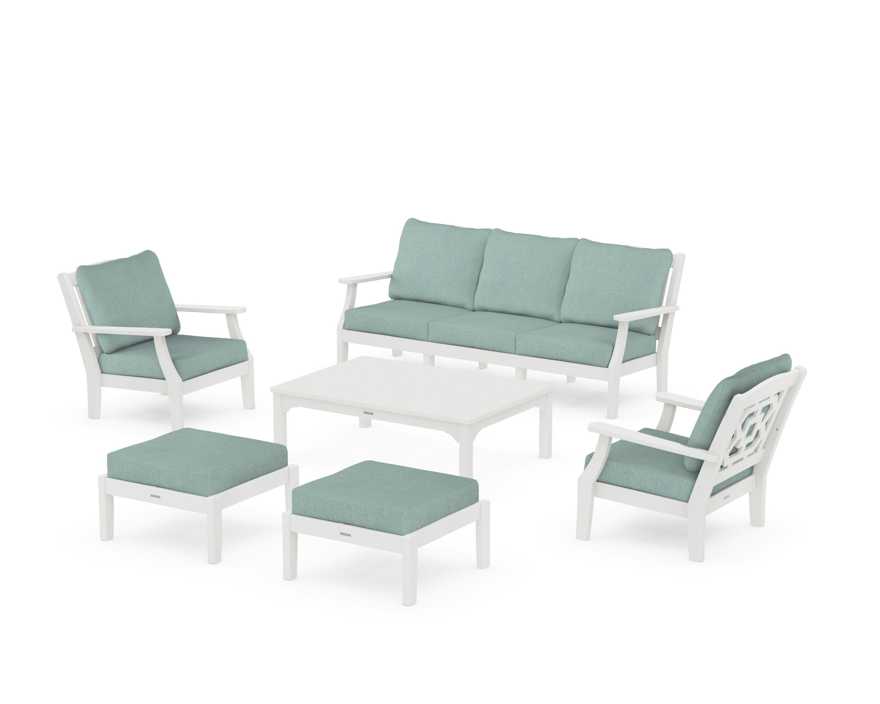 Chinoiserie 6-Piece Lounge Sofa Set in Vintage White / Glacier Spa