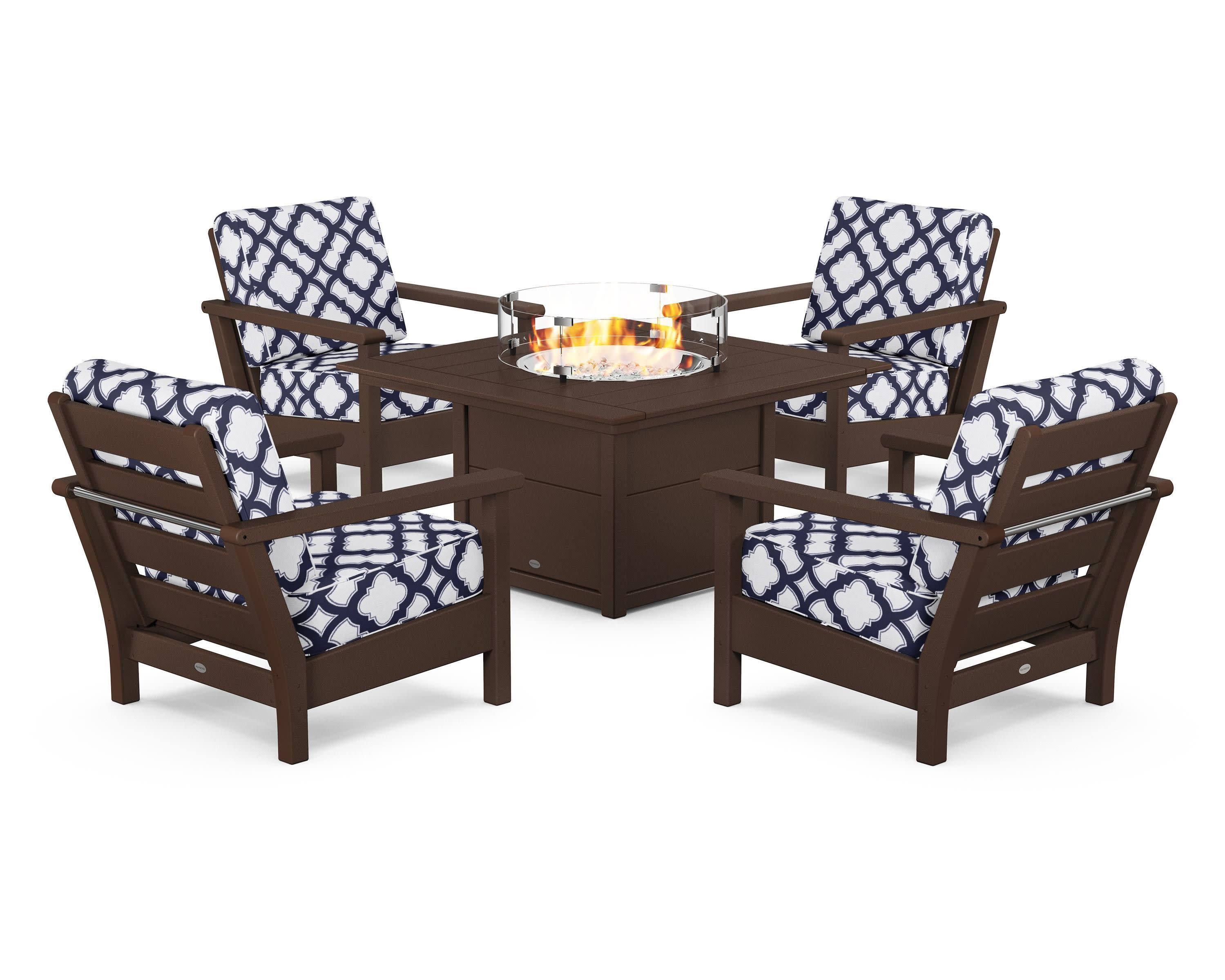 Harbour 5-Piece Conversation Set with Fire Pit Table in Mahogany / Trellis Navy