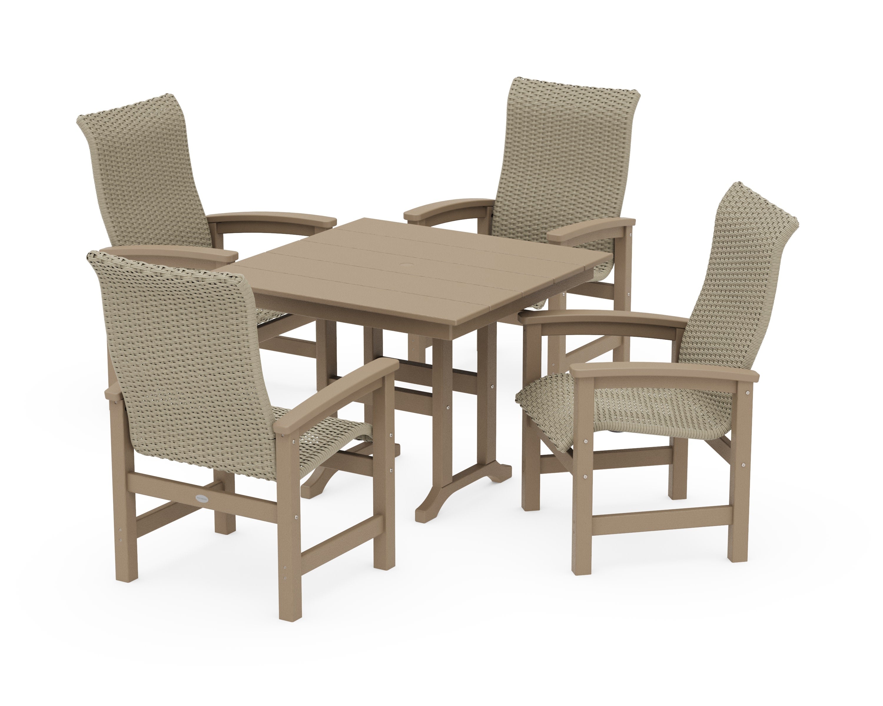 Coastal Woven High-Back 5-Piece Farmhouse Dining Set in Vintage Sahara / Dune Grass
