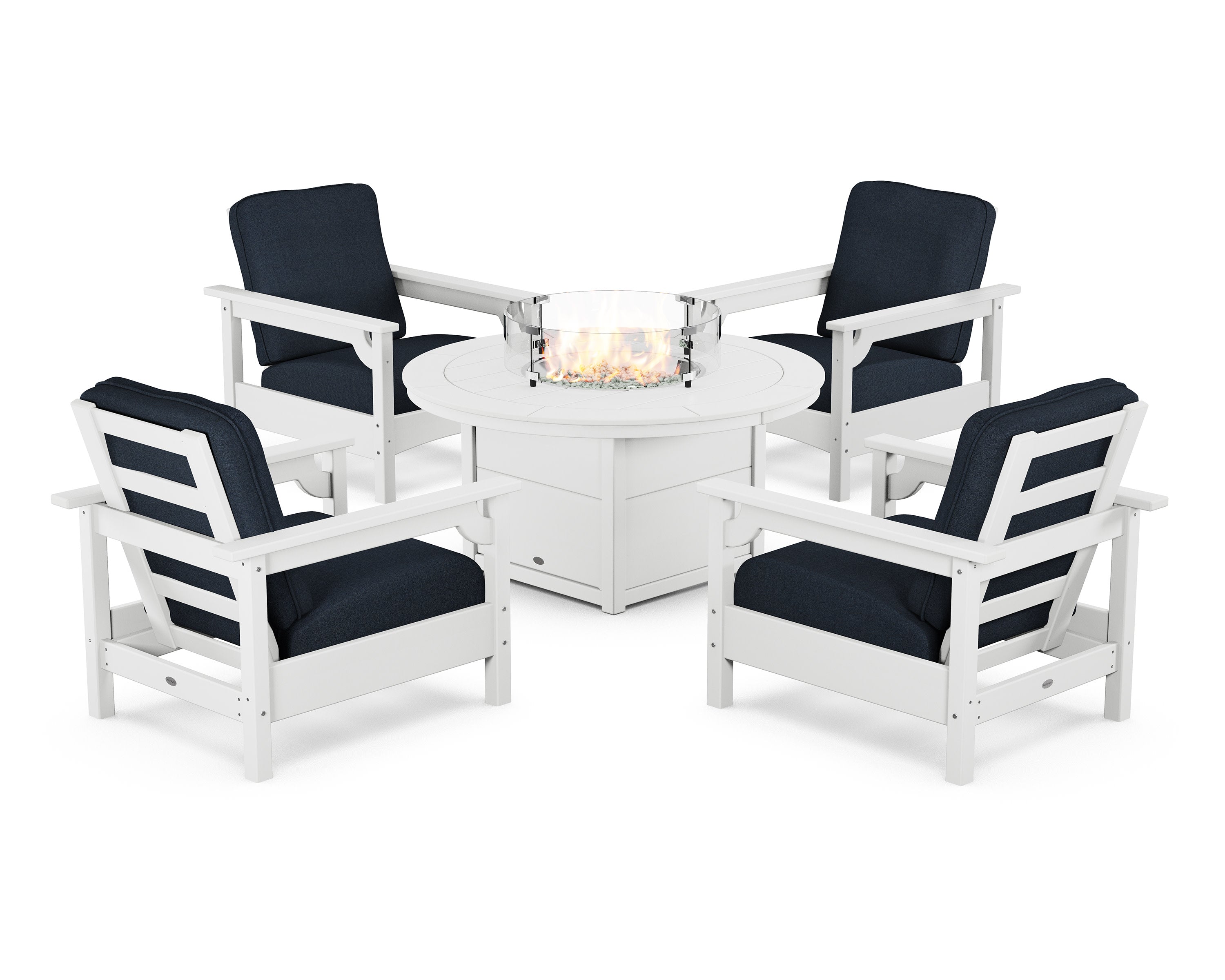 Club 5-Piece Conversation Set with Fire Pit Table in White / Marine Indigo