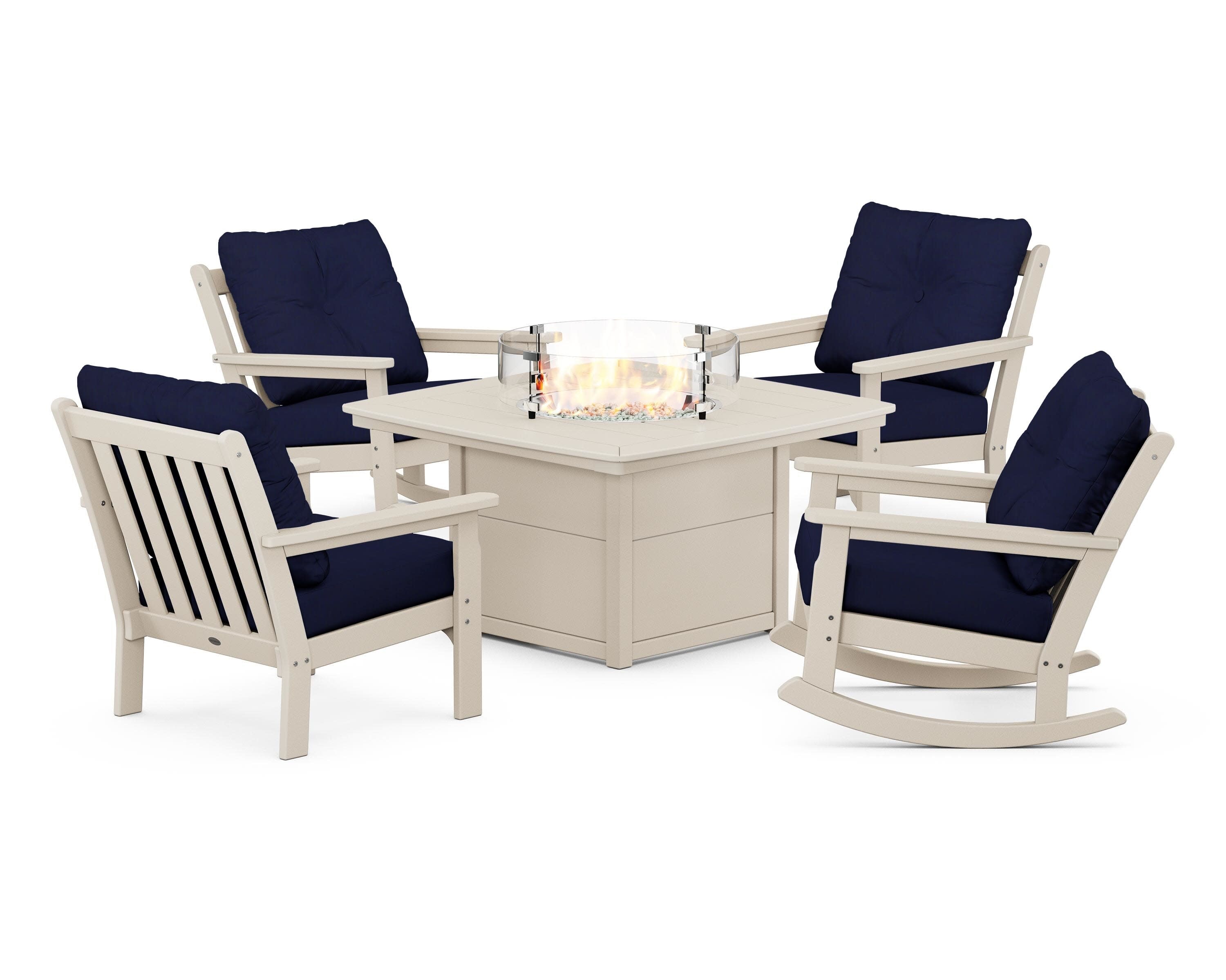 Vineyard 5-Piece Deep Seating Rocking Chair Conversation Set with Fire Pit Table in Sand / Navy