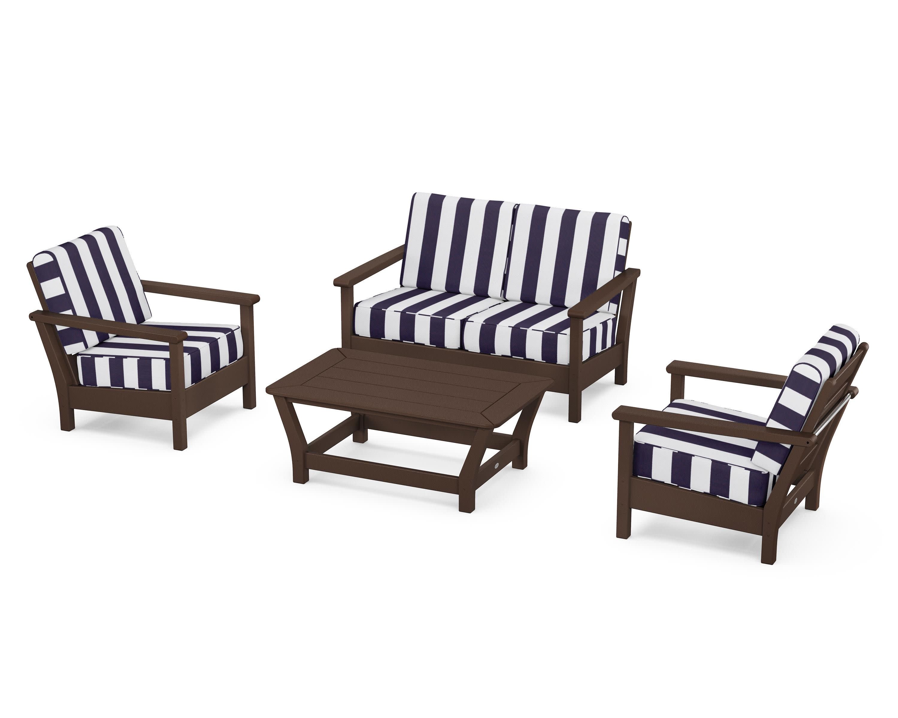 Harbour 4-Piece Deep Seating Set in Mahogany / Cabana Stripe Navy