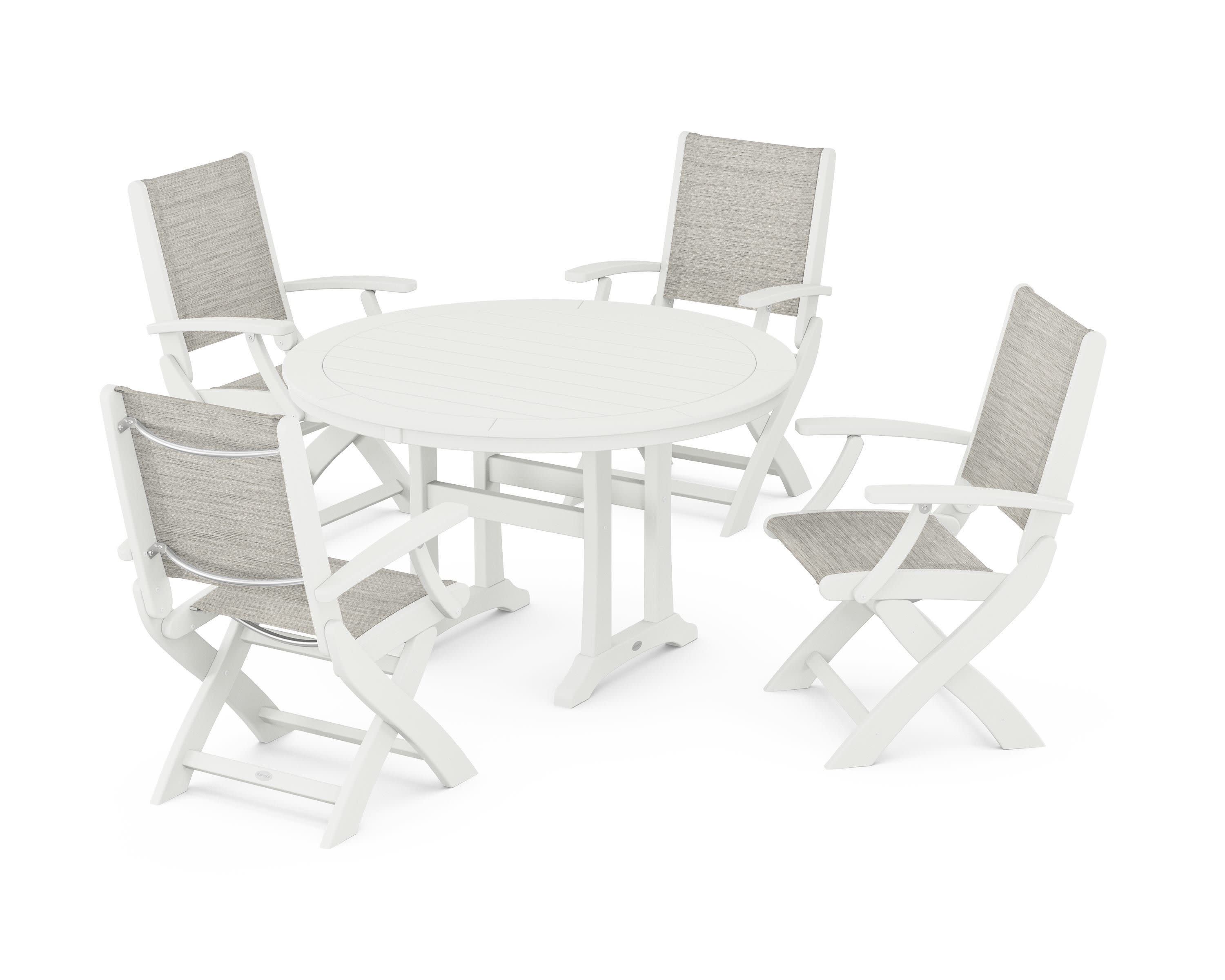 Coastal Folding Chair 5-Piece Round Dining Set with Trestle Legs in Vintage White / Birch Sling