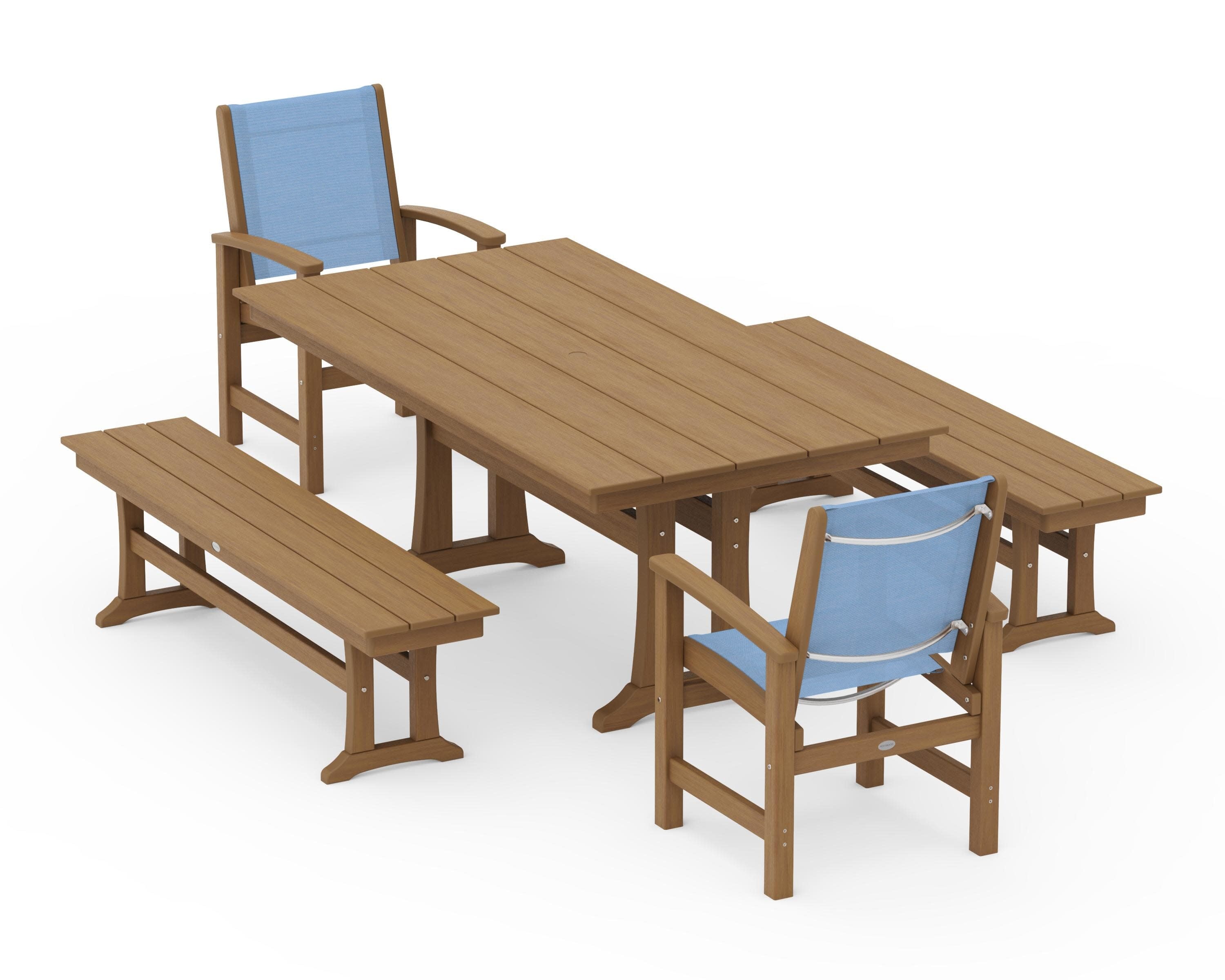 Coastal 5-Piece Farmhouse Dining Set with Trestle Legs and Benches in Natural / Poolside Sling