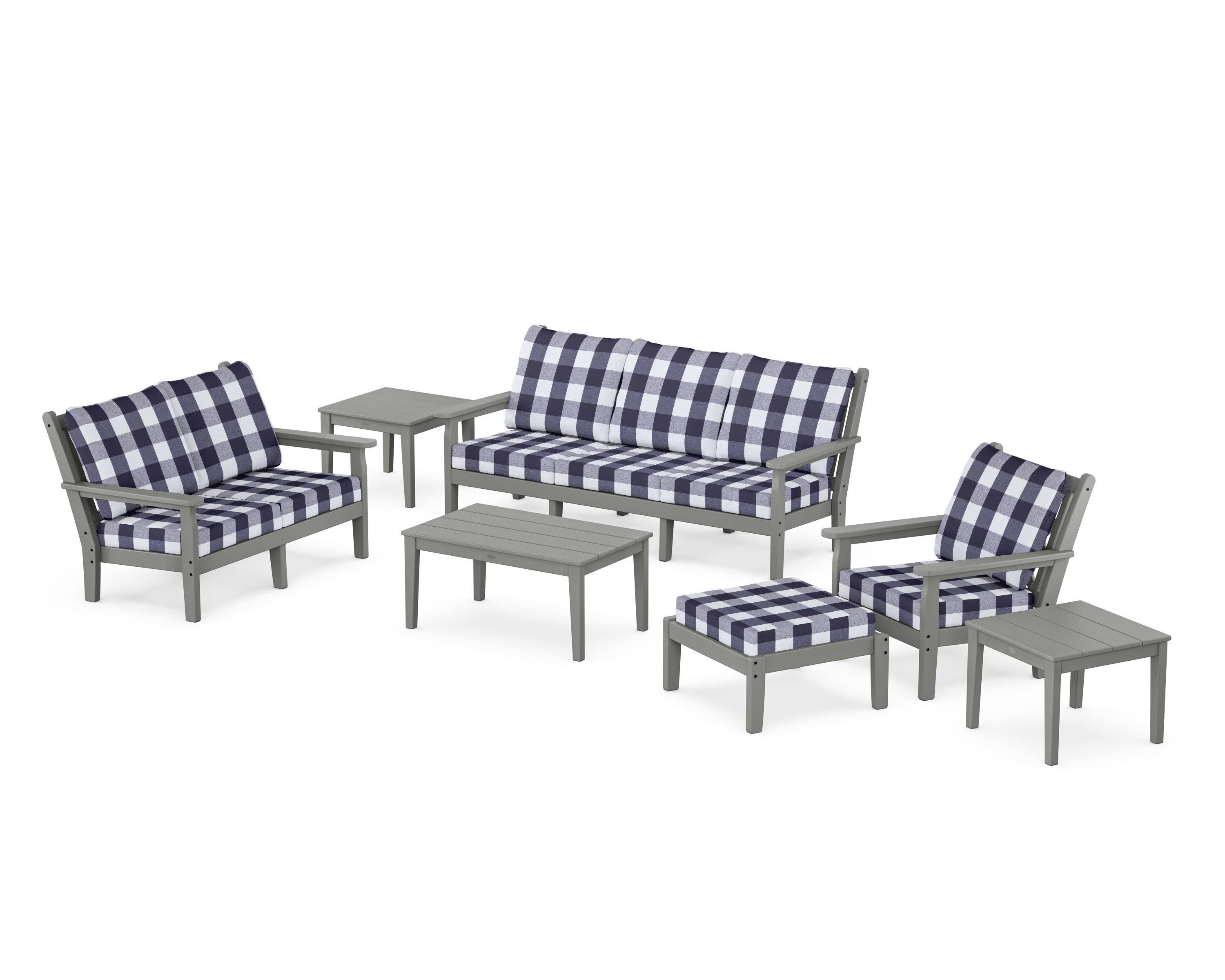 Chippendale 7-Piece Deep Seating Set in Slate Grey / Buffalo Plaid Navy