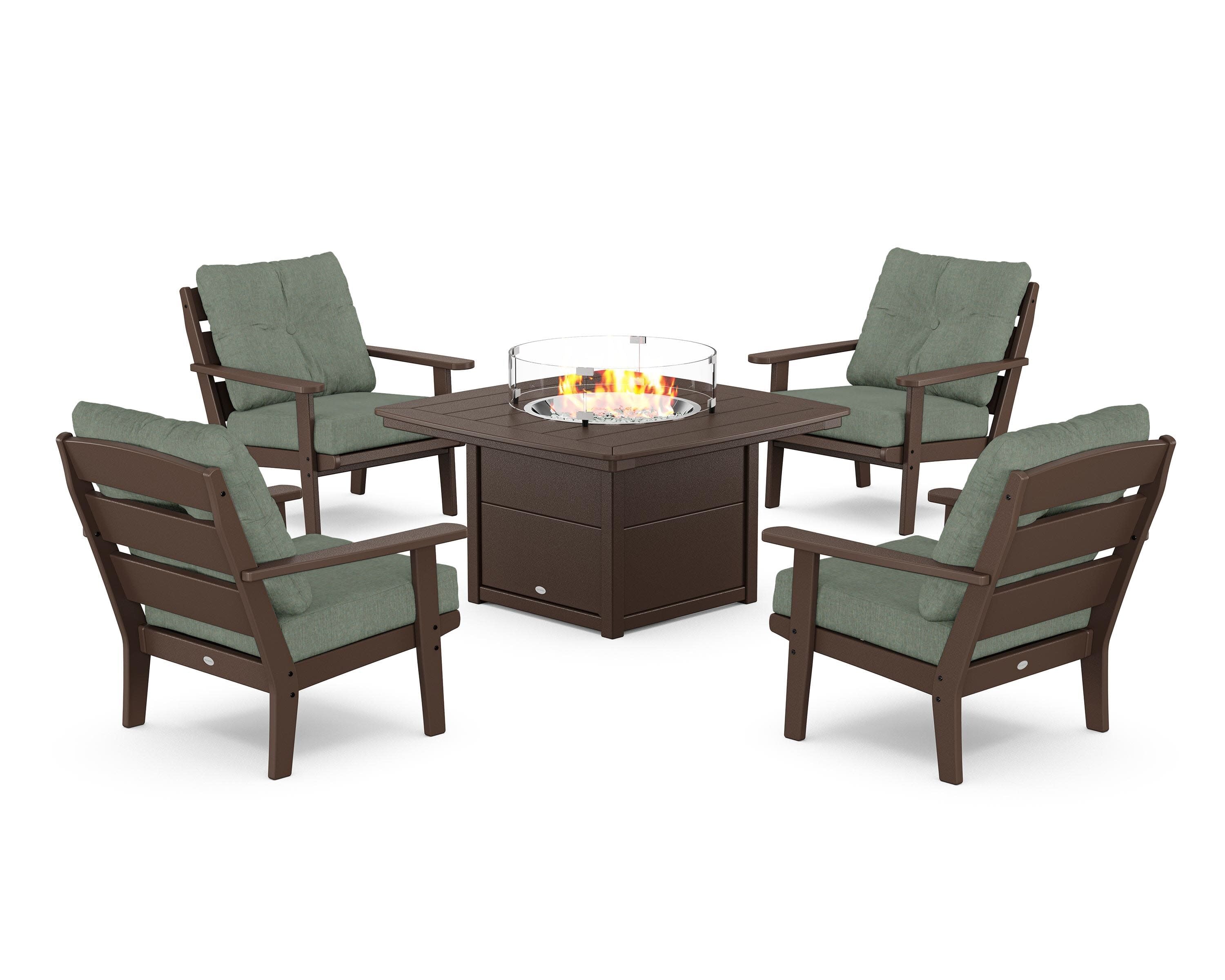 Lakeside 5-Piece Deep Seating Set with Nautical Fire Pit Table in Mahogany / Cast Sage