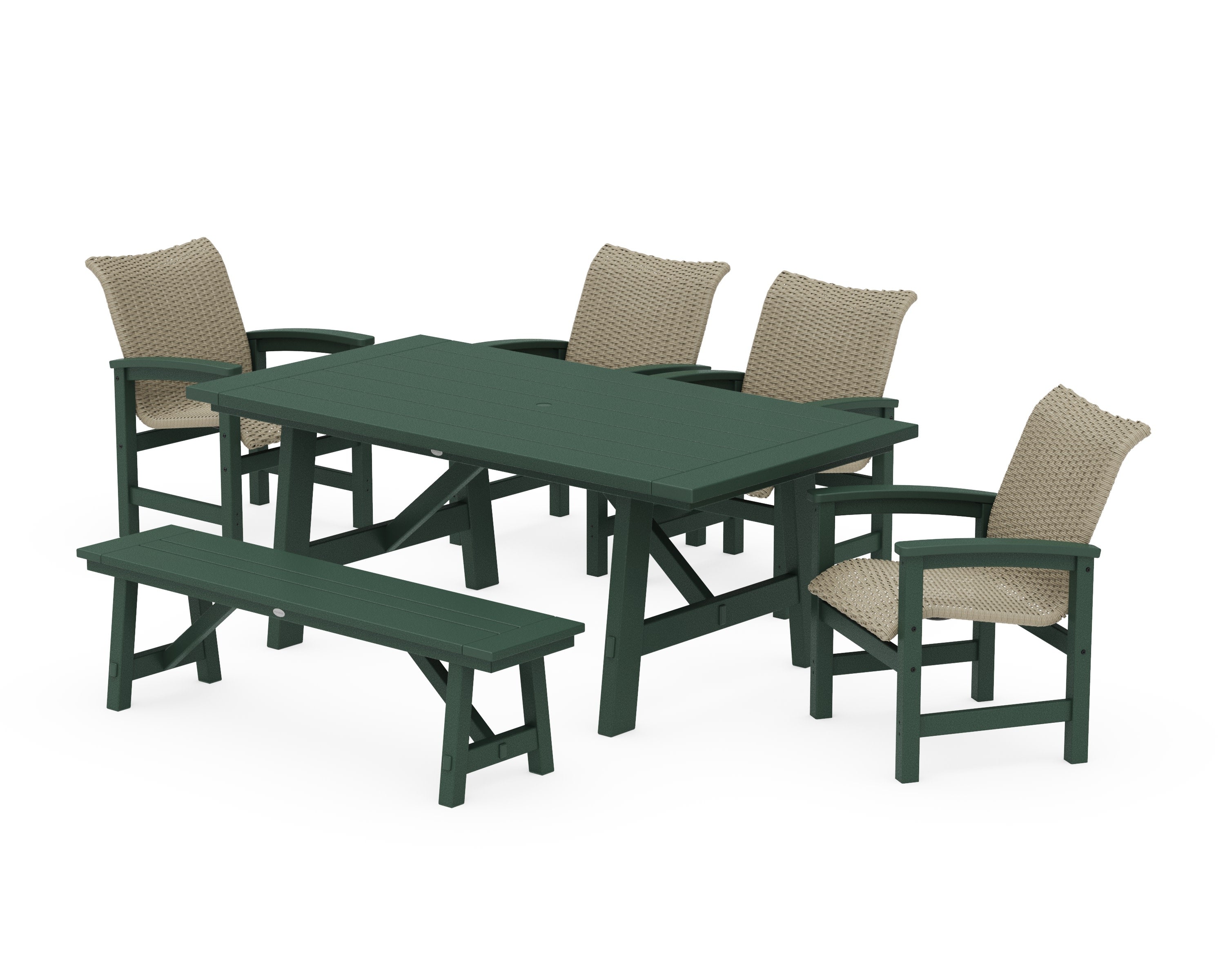 Coastal Woven 6-Piece Rustic Farmhouse Dining Set with Bench in Green / Dune Grass