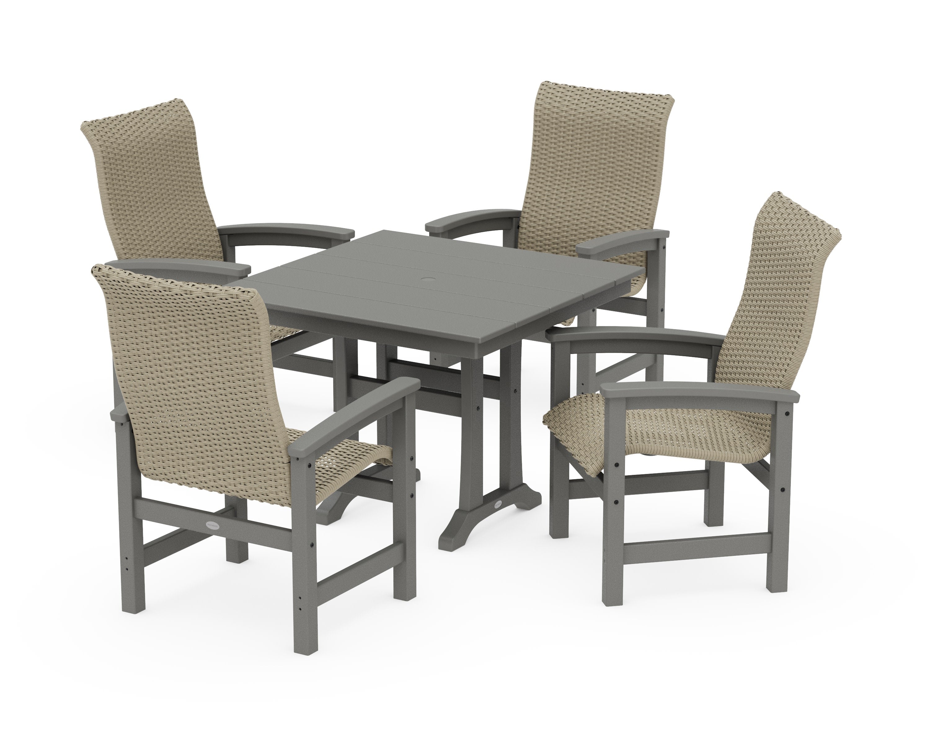 Coastal Woven High-Back 5-Piece Farmhouse Dining Set with Trestle Legs in Slate Grey / Dune Grass