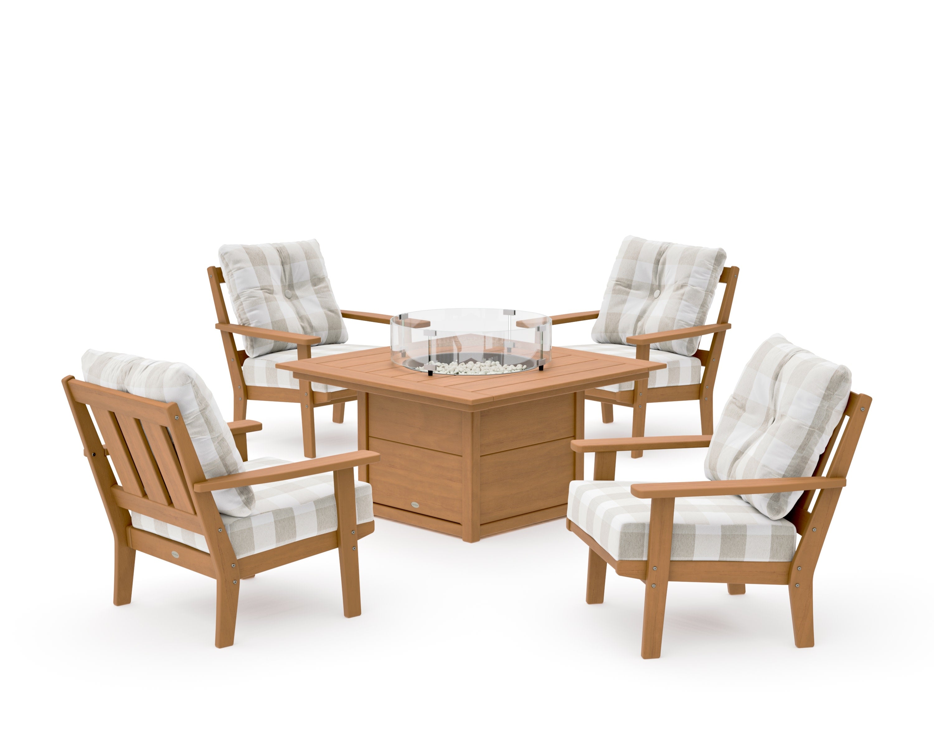 Oxford 5-Piece Deep Seating Set with Fire Pit Table in Natural / Buffalo Plaid Dune Burlap