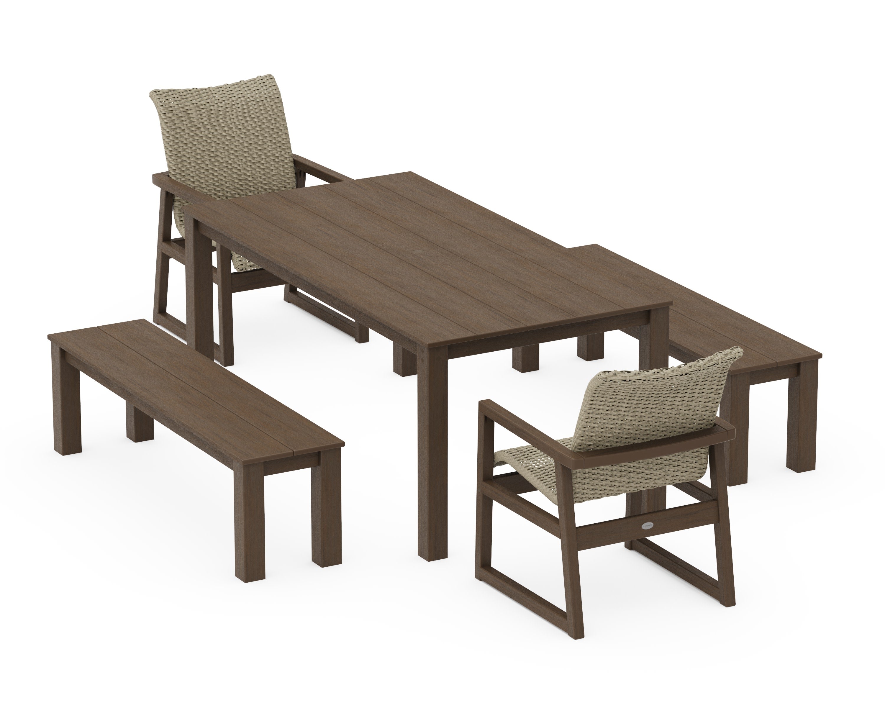 EDGE Woven 5-Piece Parsons Dining Set with Benches in Kona / Dune Grass