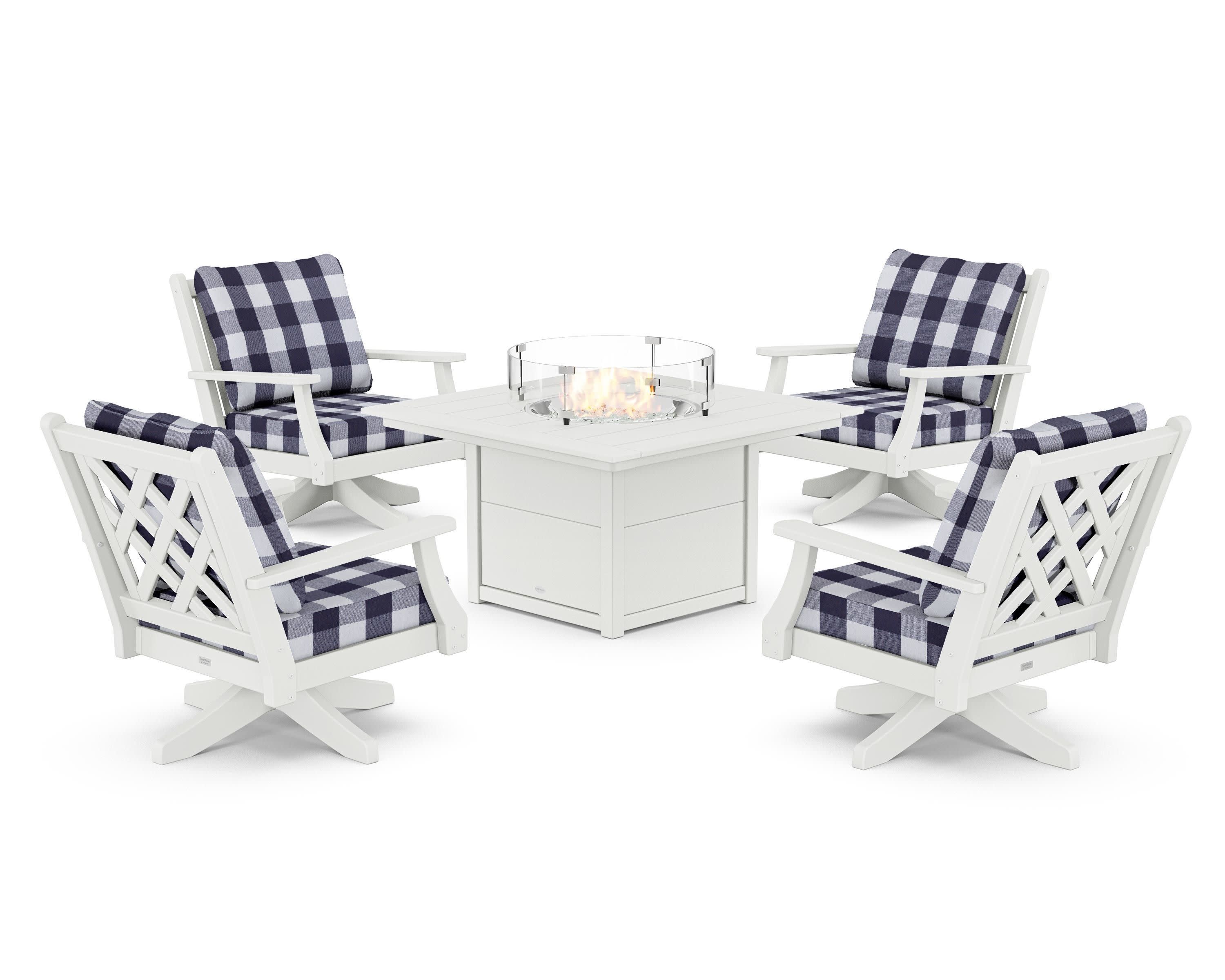 Wovendale 5-Piece Deep Seating Swivel Conversation Set with Fire Pit Table in White / Buffalo Plaid Navy
