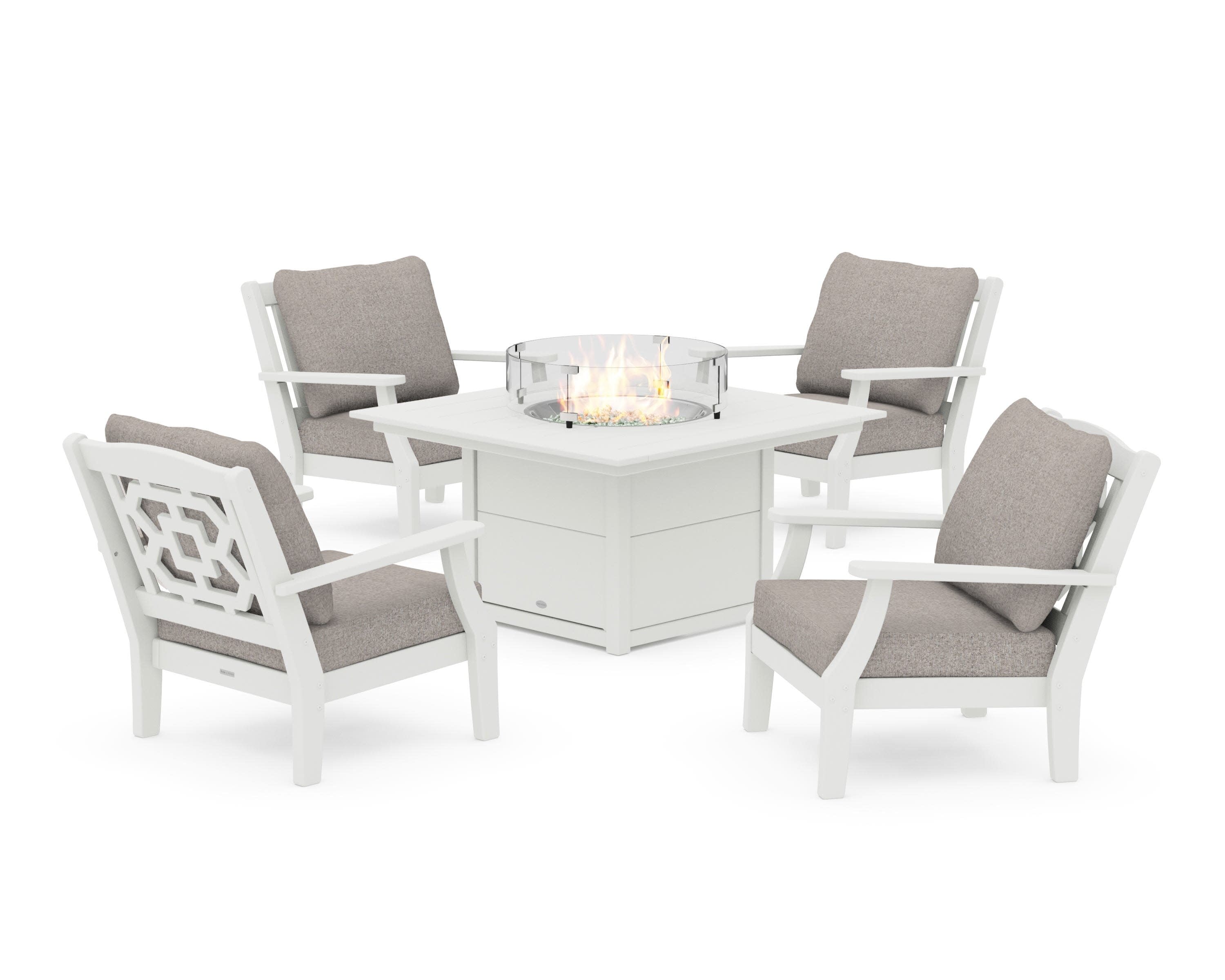 Chinoiserie 5-Piece Deep Seating Set with Fire Pit Table in Vintage White / Weathered Tweed