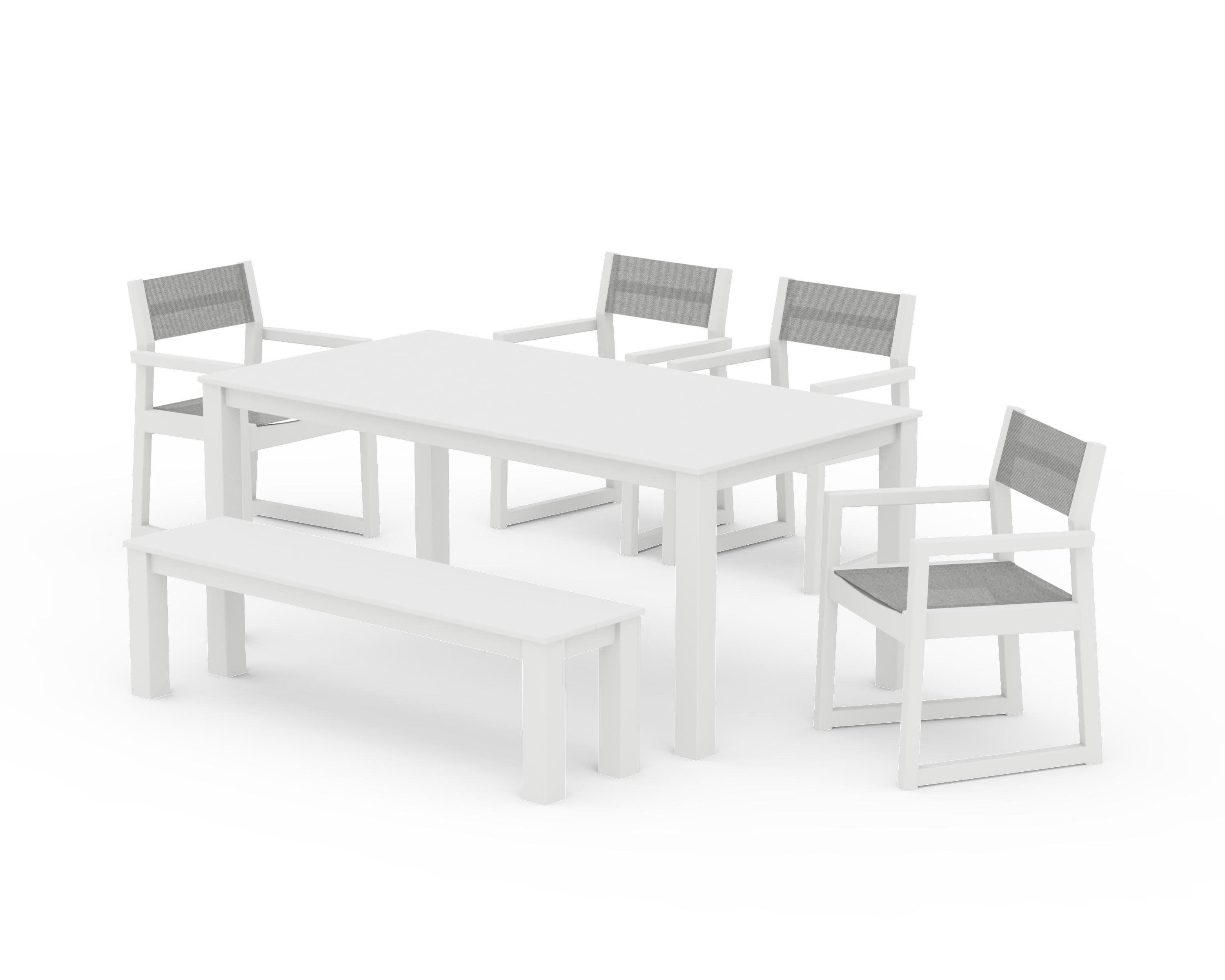 EDGE Sling Arm Chair 6-Piece Parsons Dining Set with Bench in White / Metallic Sling