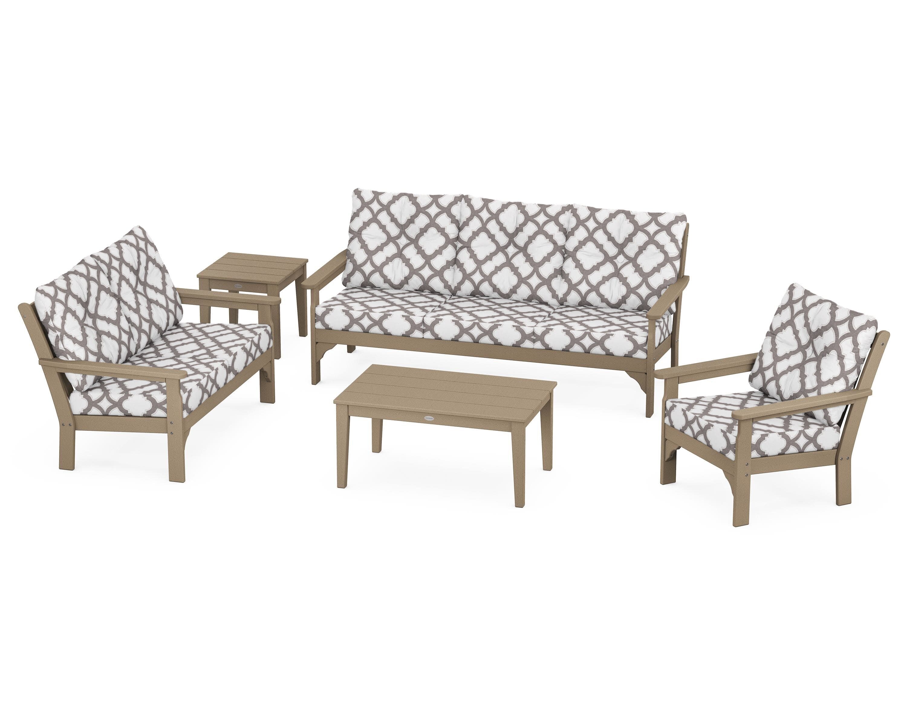 Vineyard 5 Piece Deep Seating Set in Vintage Sahara / Trellis Grey Mist