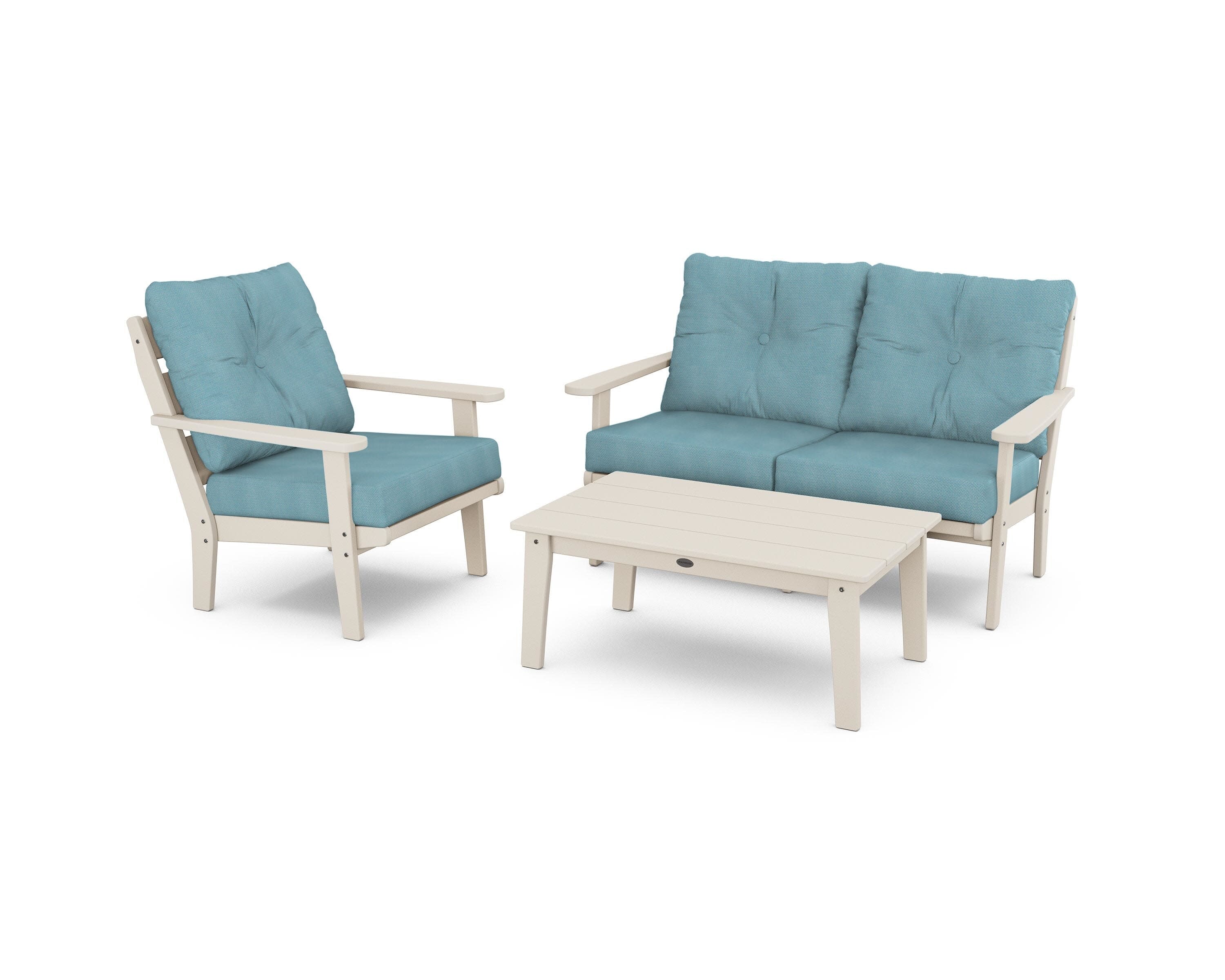 Lakeside 3-Piece Deep Seating Set in Sand / Lattice Sky Blue