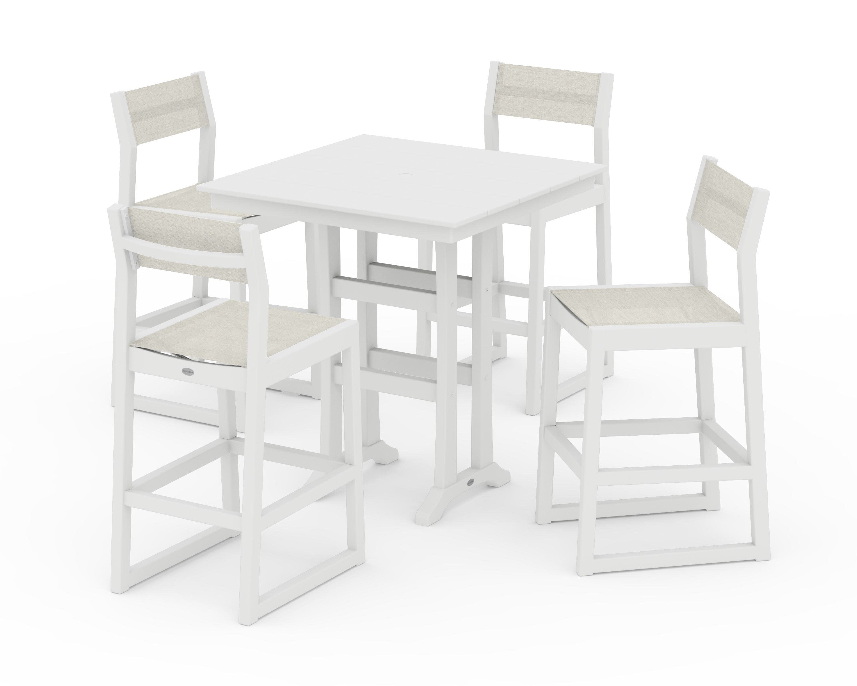 EDGE Sling Arm Chair 5-Piece Farmhouse Bar Set with Trestle Legs in White / Parchment Sling
