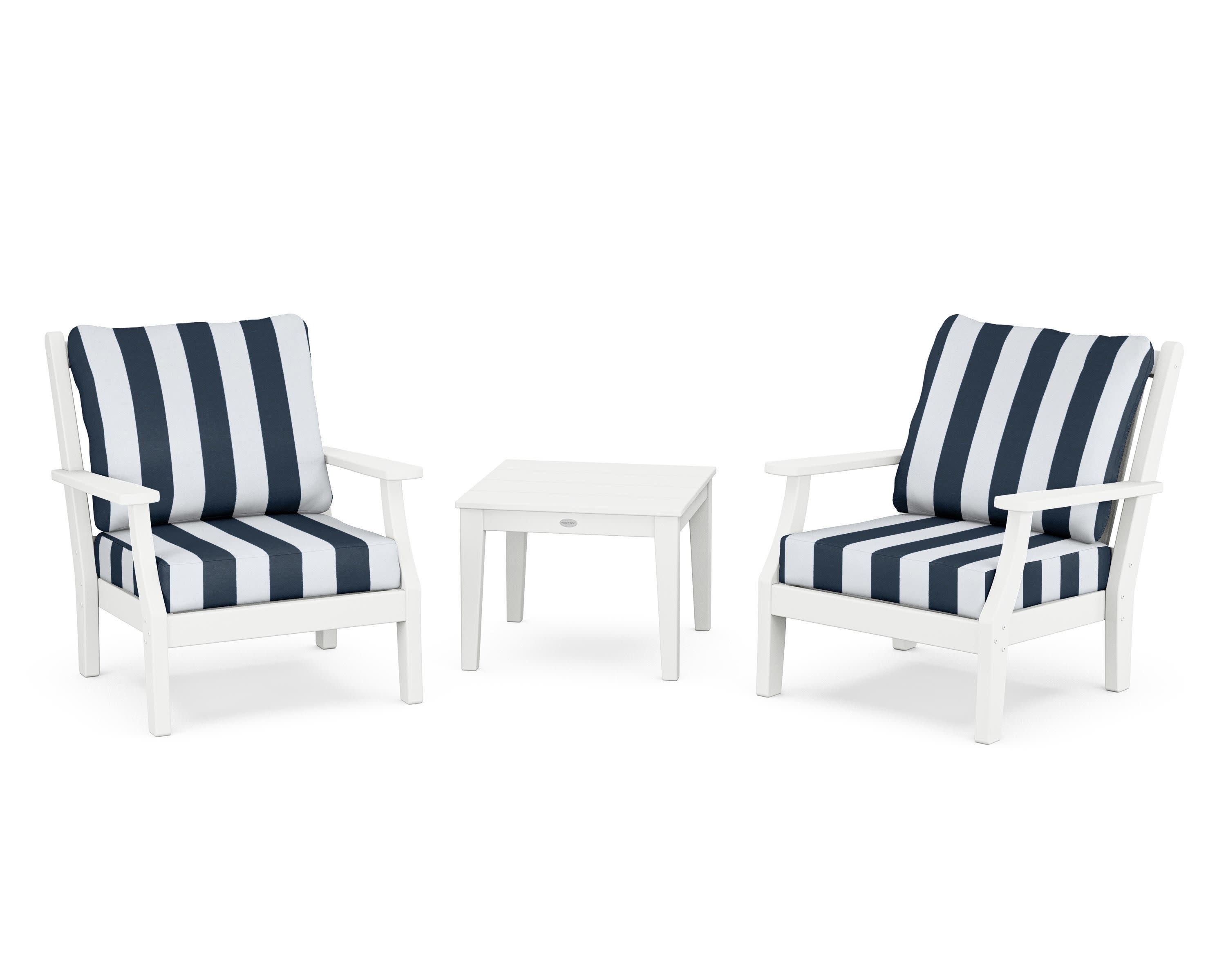 Wovendale 3-Piece Deep Seating Set in White / Cabana Stripe Marine Indigo
