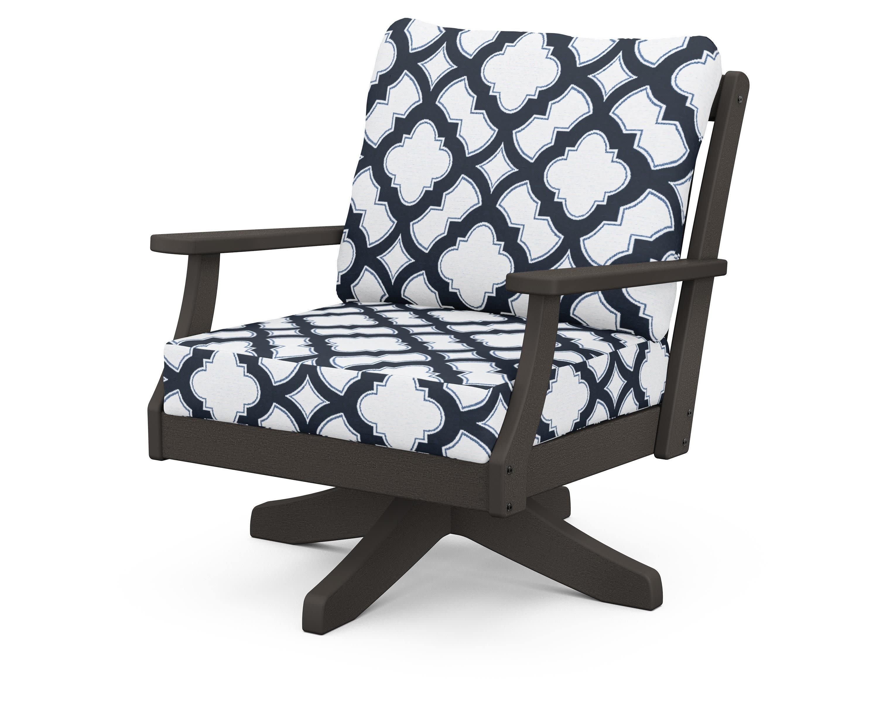 Braxton Deep Seating Swivel Chair in Vintage Coffee / Trellis Marine Indigo