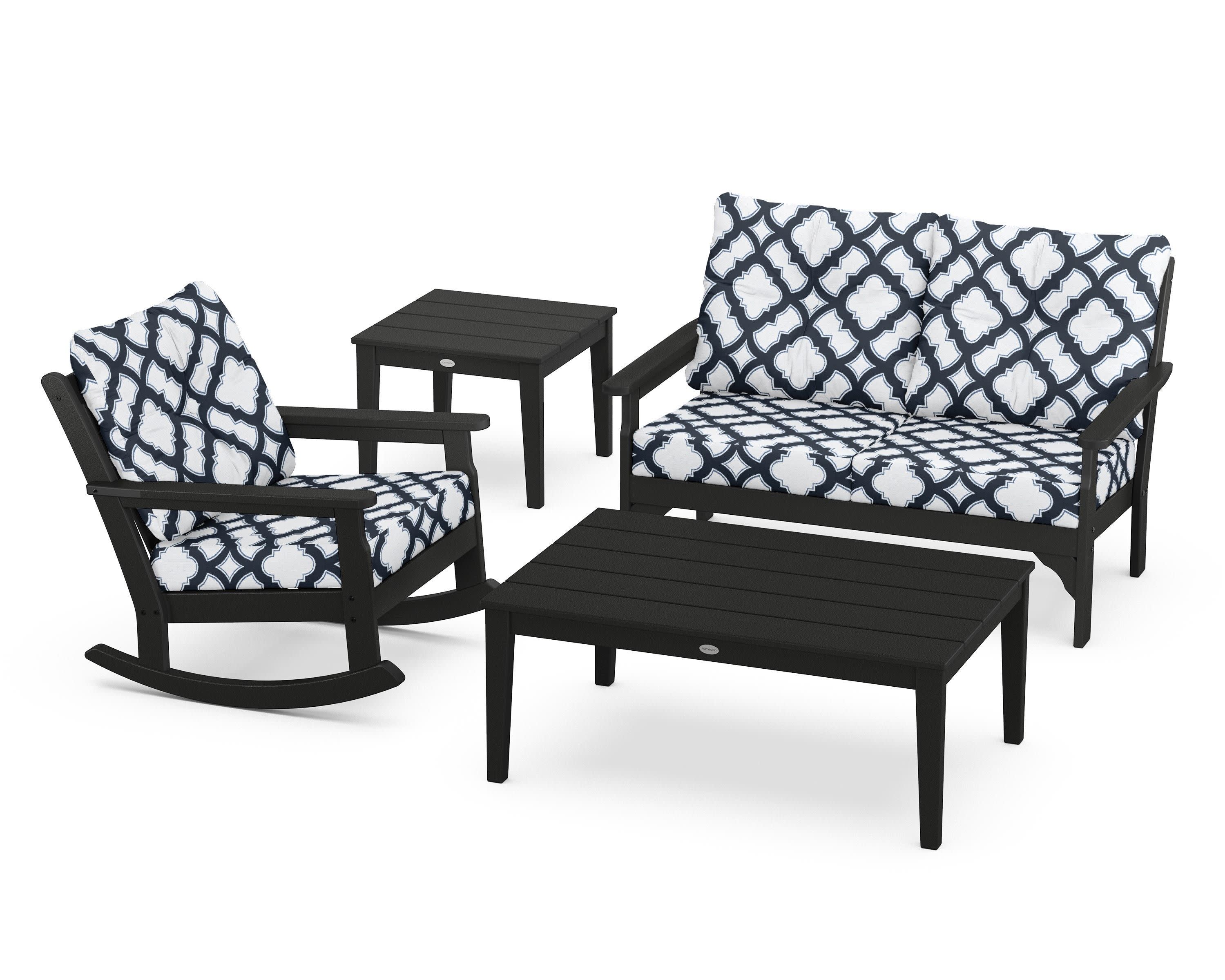 Vineyard 4-Piece Deep Seating Rocker Set in Black / Trellis Marine Indigo