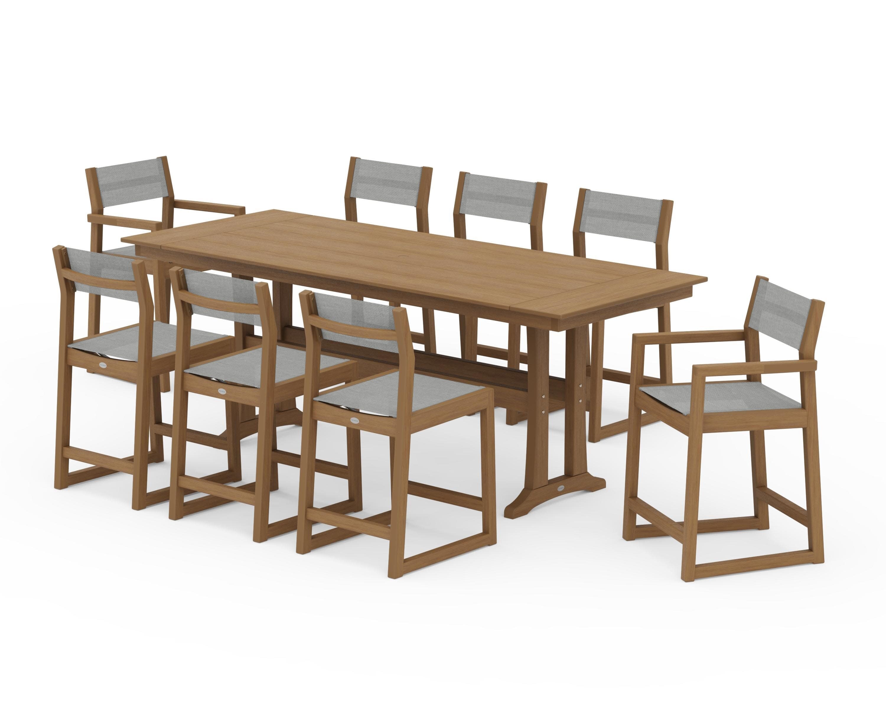 EDGE Sling 9-Piece Farmhouse Counter Set with Trestle Legs in Natural / Metallic Sling